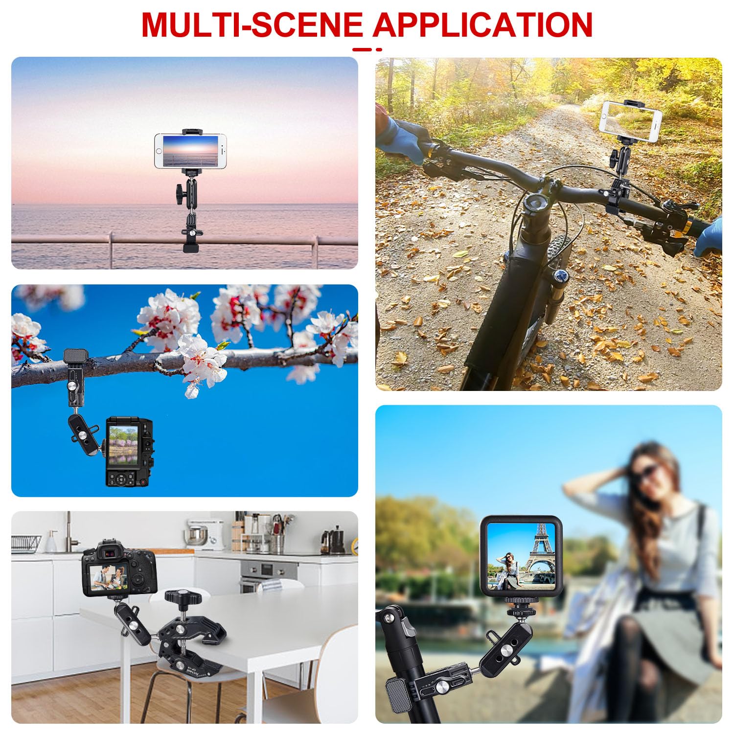 Aitteel Super Clamp Magic Arm, Dual Ball Head, Expandable Cold Shoe 1/4 3/8 Threaded For Desktop, Tripod, Outdoor, Railing, For Cameras, Sports Cameras, Dslrs, Cell Phones, Gopro, Microphones Monitors, Leds