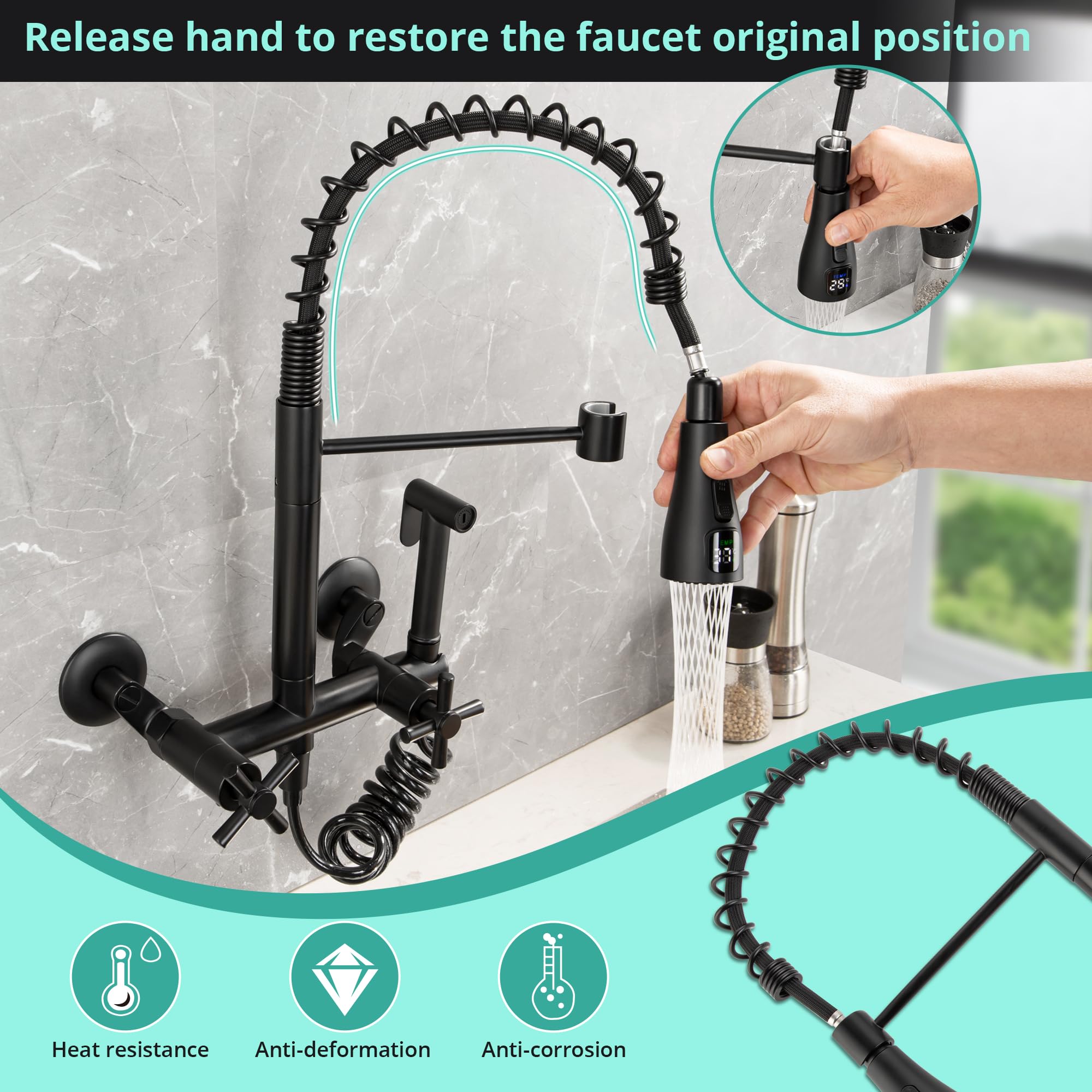 Jphomes Wall Mount Kitchen Faucet 8 Inch Center Kitchen Sink Faucet, 2 Handles Commercial Sink Faucet With Temperature Display Head For Kitchen Laundry Room, Matte Black