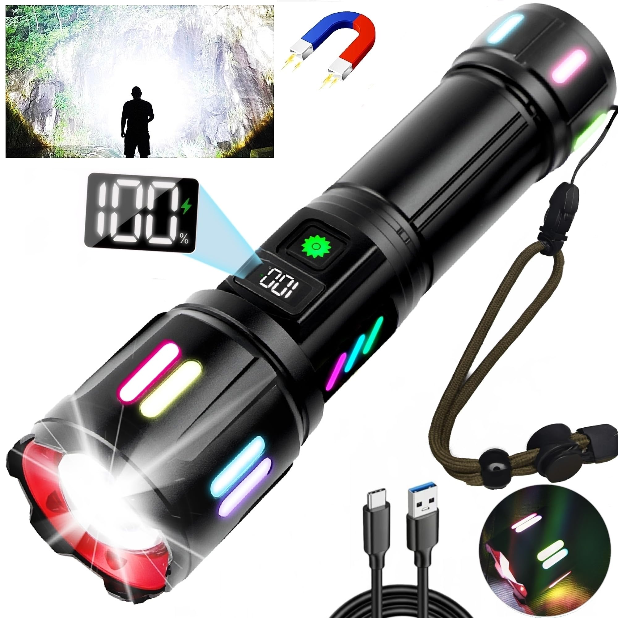 Fowseek Rechargeable Flashlight High Lumens, 5 Modes Super Bright Led Flashlight Usb C, Long Lasting Heavy Duty Strong Tactical Flashlight For Home Fish Security & Hiking
