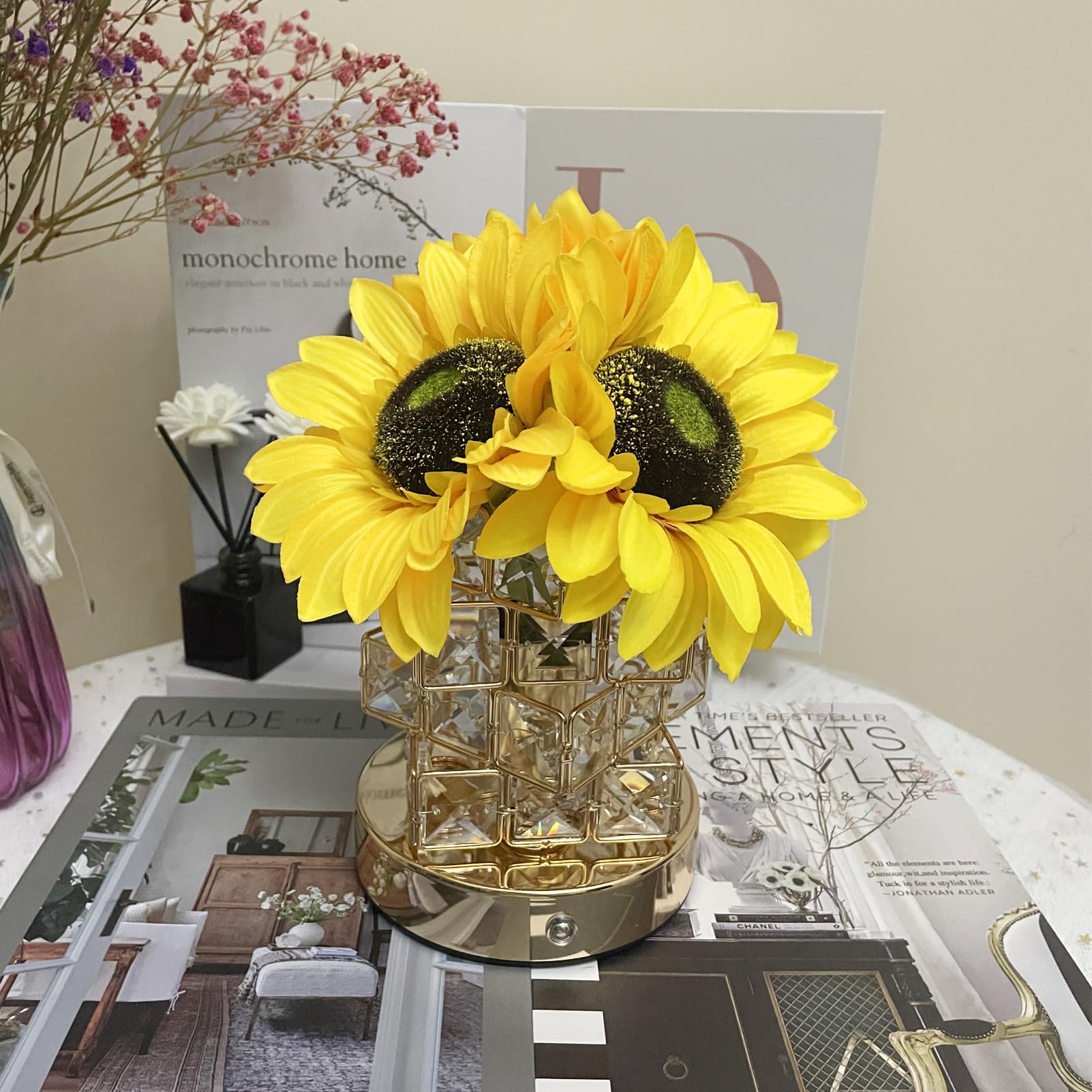 Yunbiaosen Sunflowers Flower Lamp,3-Colour Infinitely Dimming Small Night Light,Rechargeable Cordless Touch Table Lamp,Home Office Decor Birthday For Women Mom (Crystal Magic Cube Sunflower)