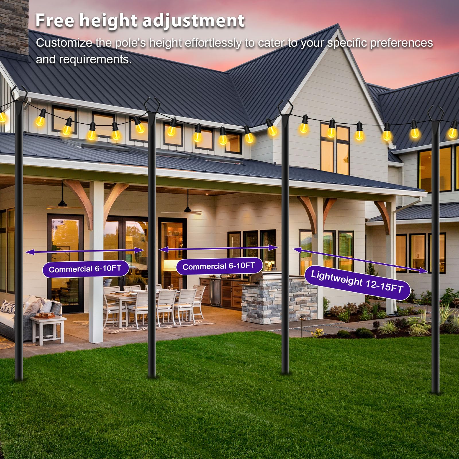 Zoegi 10Ft String Light Poles 4 Pack,Light Poles For Outside Lights With Fork,Outdoor Brackets Hanging Lights,Metal Stand For Deck Patio,Backyard,Wedding,Deck,Party