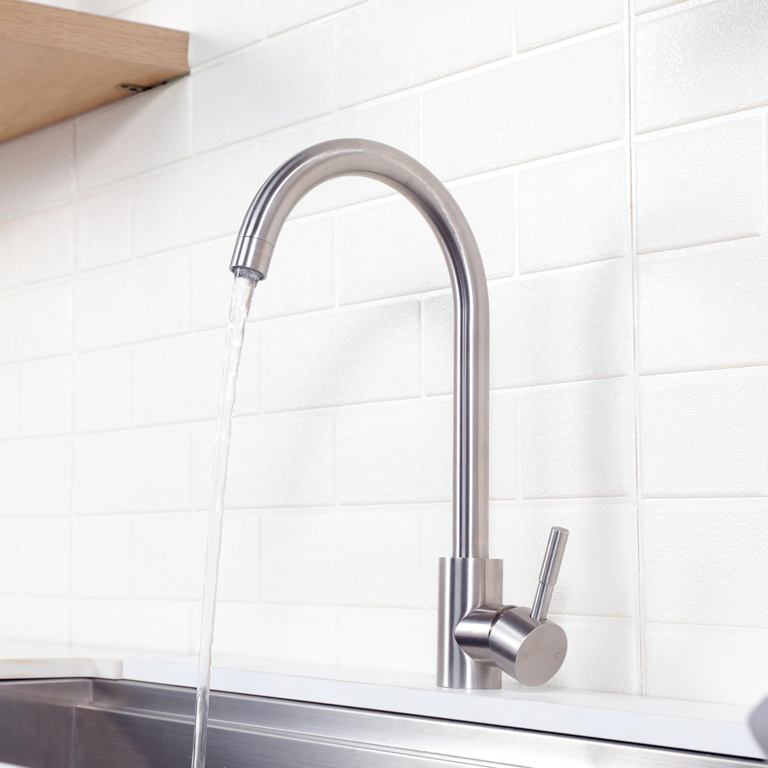 Comllen Kitchen Sink Faucet, Tall Bar Faucets Single Hole, High Arc Stainless Steel, 360° Swivel Spout, Single Handle, Brushed Nickel Kitchen Faucets For Rv Prep Kitchen, Hot &Cold Water Hose