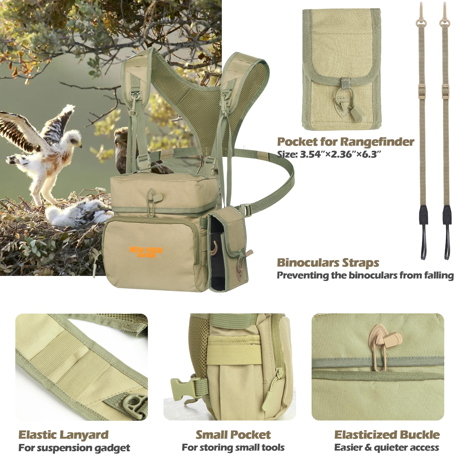 Binocular Harness Chest Pack With Rangefinder Pouch, Bino Harness With Rain Cover For Bird Watching, Hunting, Hiking