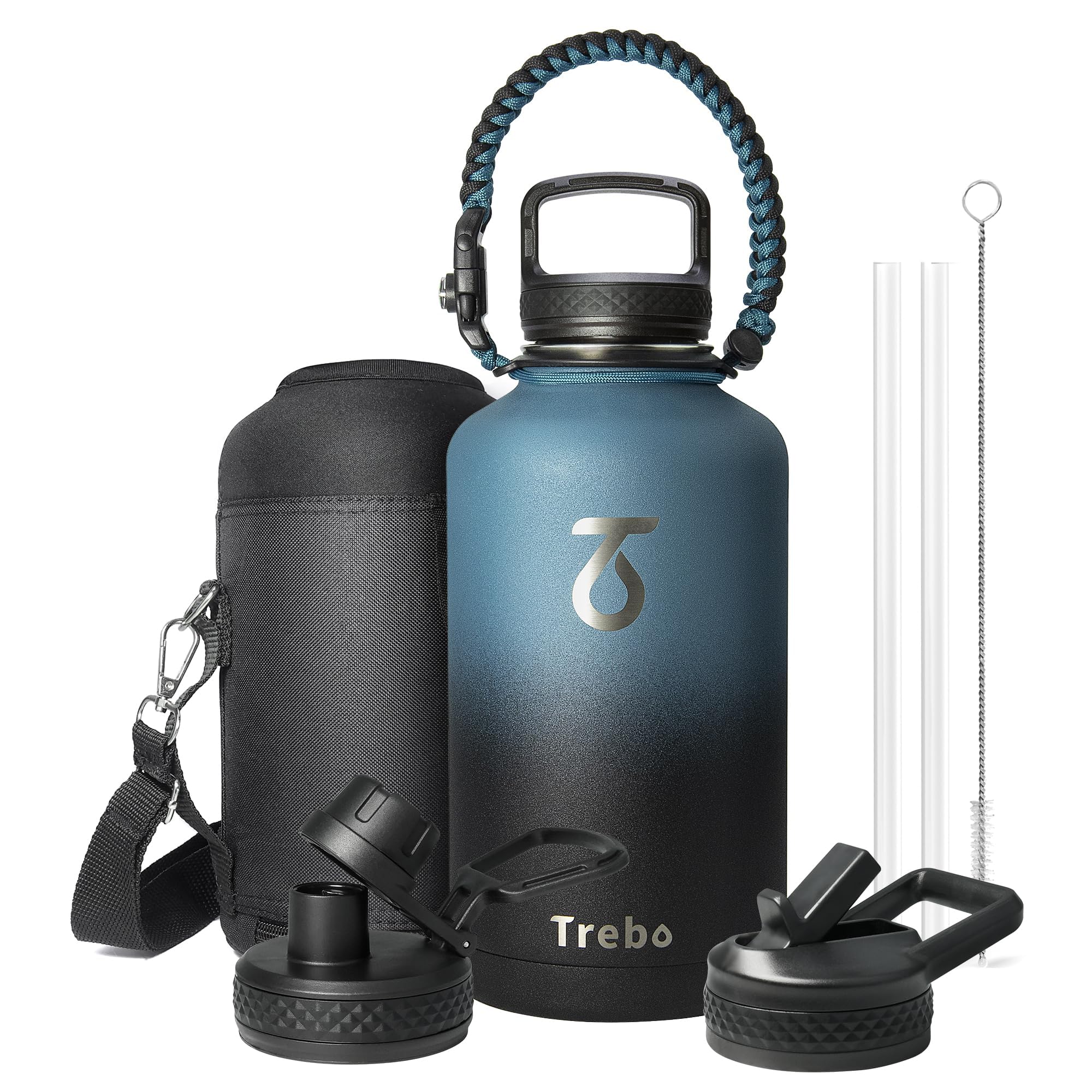 Trebo Water Bottle 64Oz With Paracord Handle, Half Gallon Large Vacuum Double Wall Stainless Steel