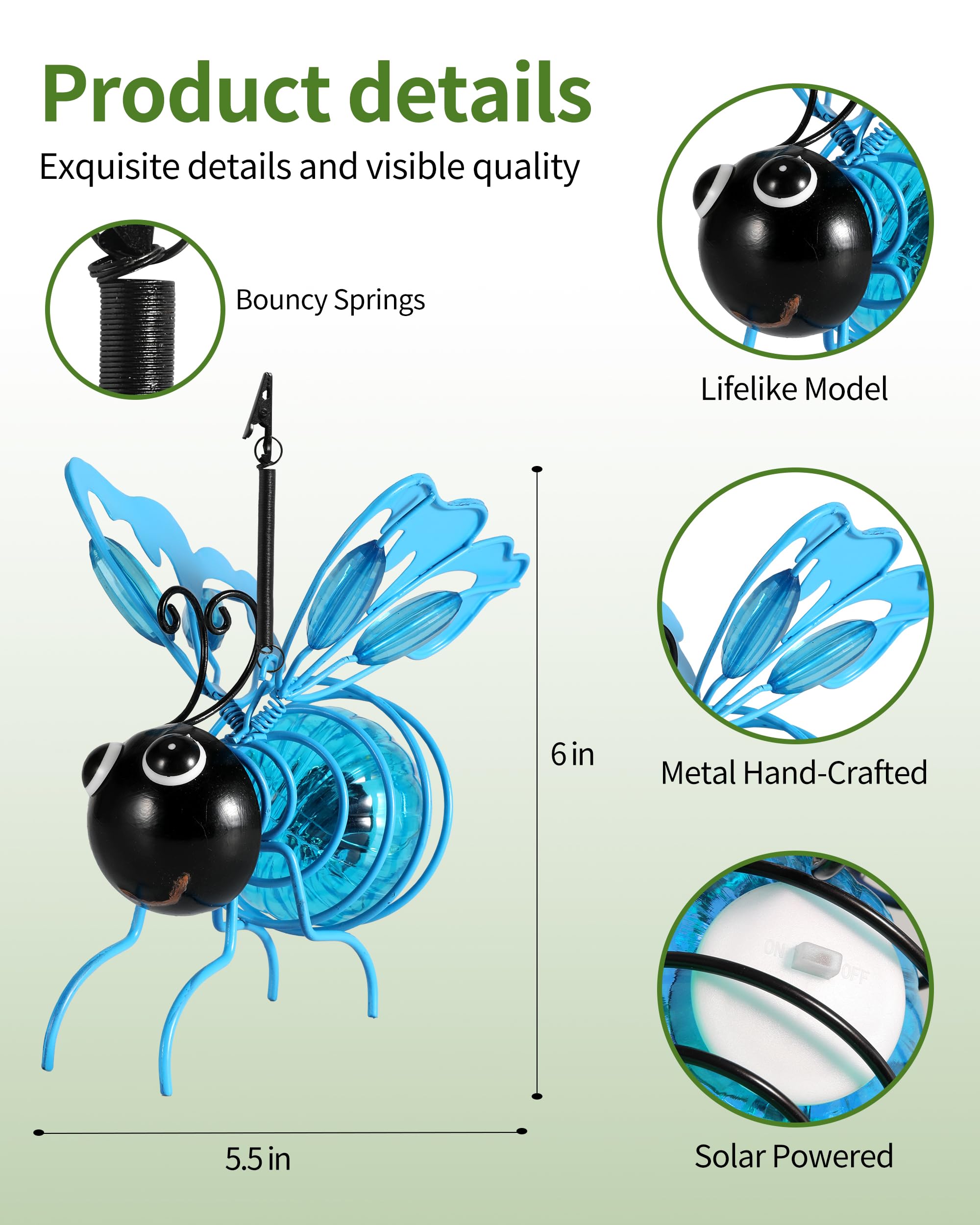 Istatue Solar Hanging Metal Butterfly Light - Weather Resistant Decorative Lights With Bouncy Springs For Garden And Patio - Spring Summer Decorations (Blue)