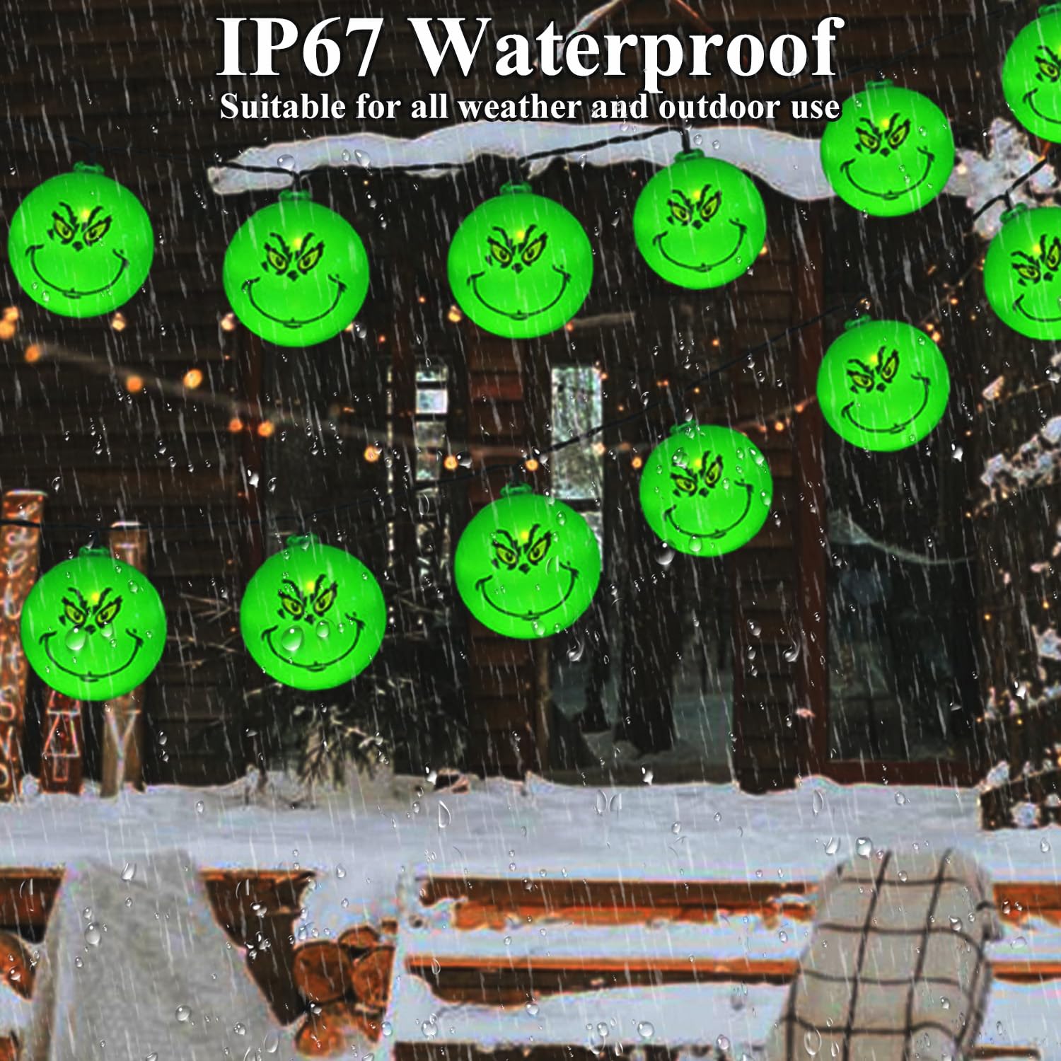 Grinch string lights used on a patio for festive decor