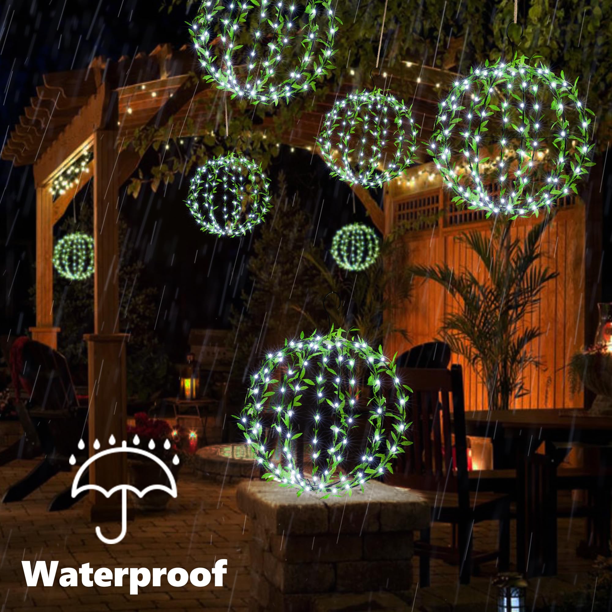 Flacchi Solar Powered Hanging Iron Sphere Lights With Artificial Greenery – 12Inch 120 Led Waterproof Outdoor Decor Ball Light With Timer & 8 Modes – 2 Pack For Garden, Christmas, Weddings (Cool White)