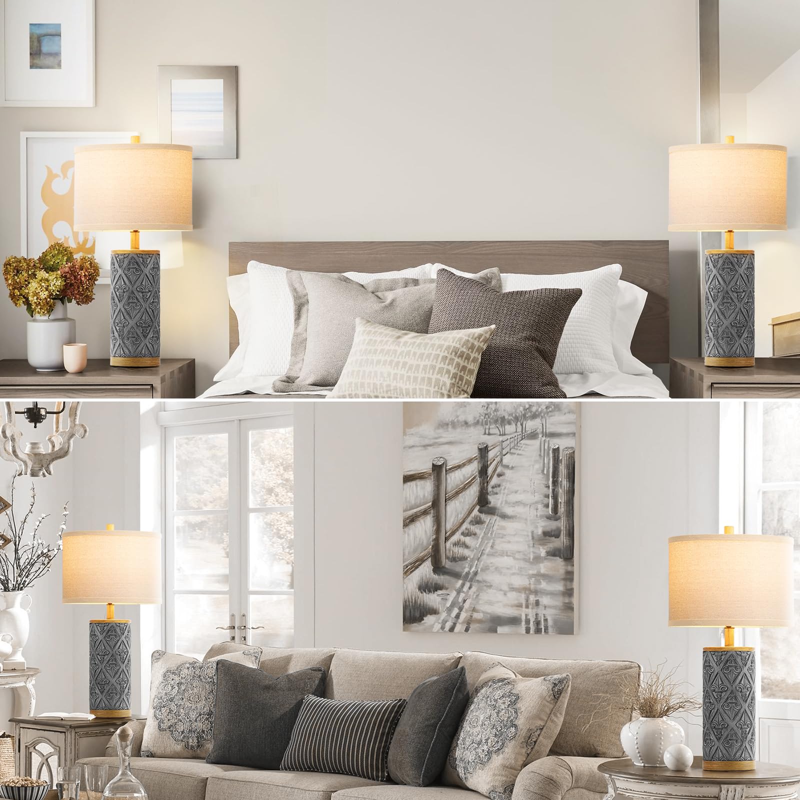 Spclsim 24.8" Farmhouse Table Lamps For Bedrooms Set Of 2, End Table Lamps For Living Room, Rustic Traditional Bedside Nightstand Lamps With Dark-Grey Resin Body Beige Shade, Bulbs Included