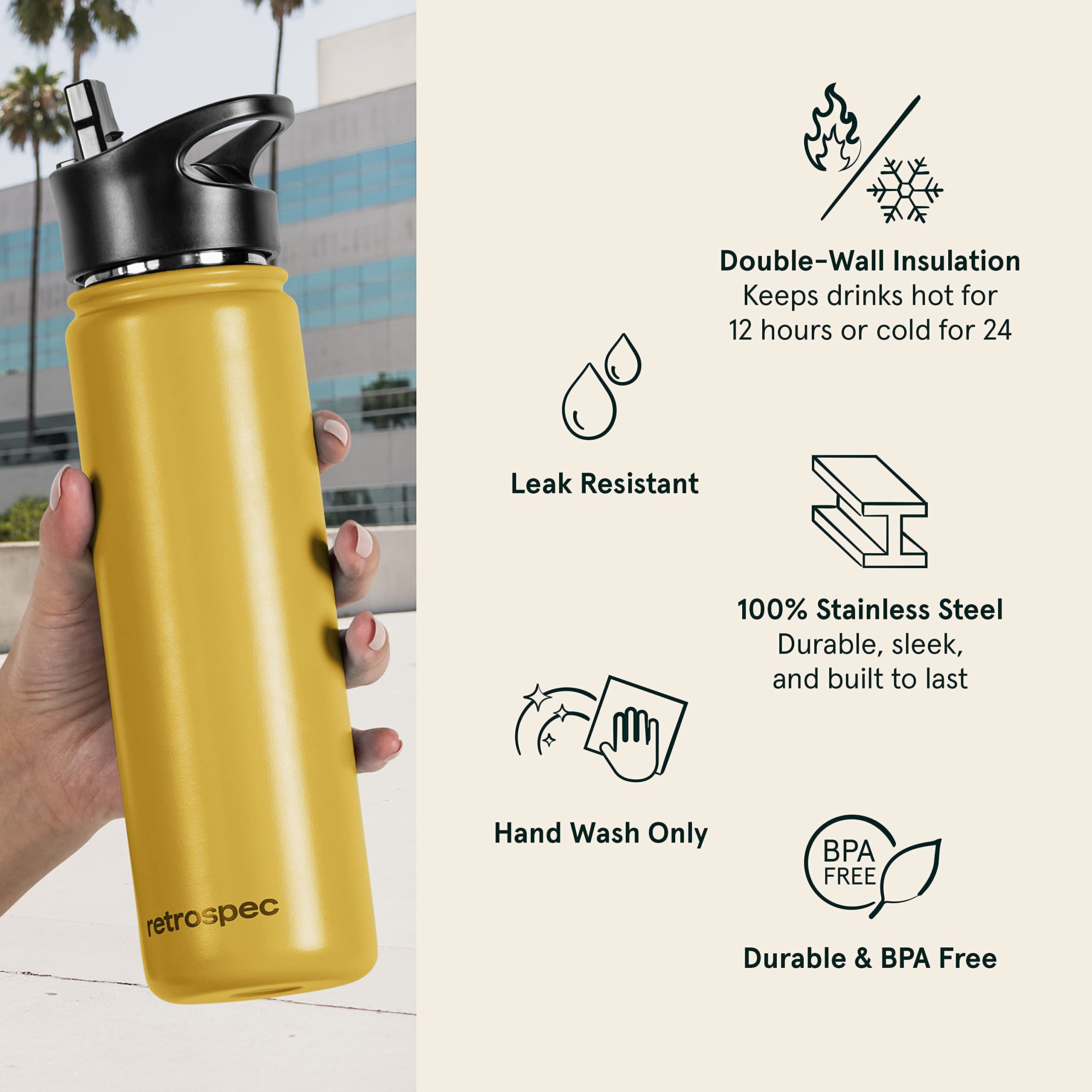 Retrospec Alder Insulated Water Bottle With Straw Lid & Handle Cap - Stainless Steel Wide