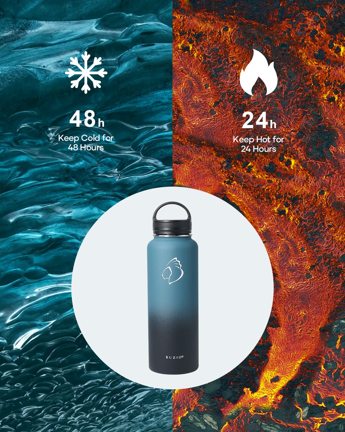 Buzio 40 Oz Water Bottle Insulated With Straw & 3 Lid And Carrying Pouch, Leak Proof Anti-Slip