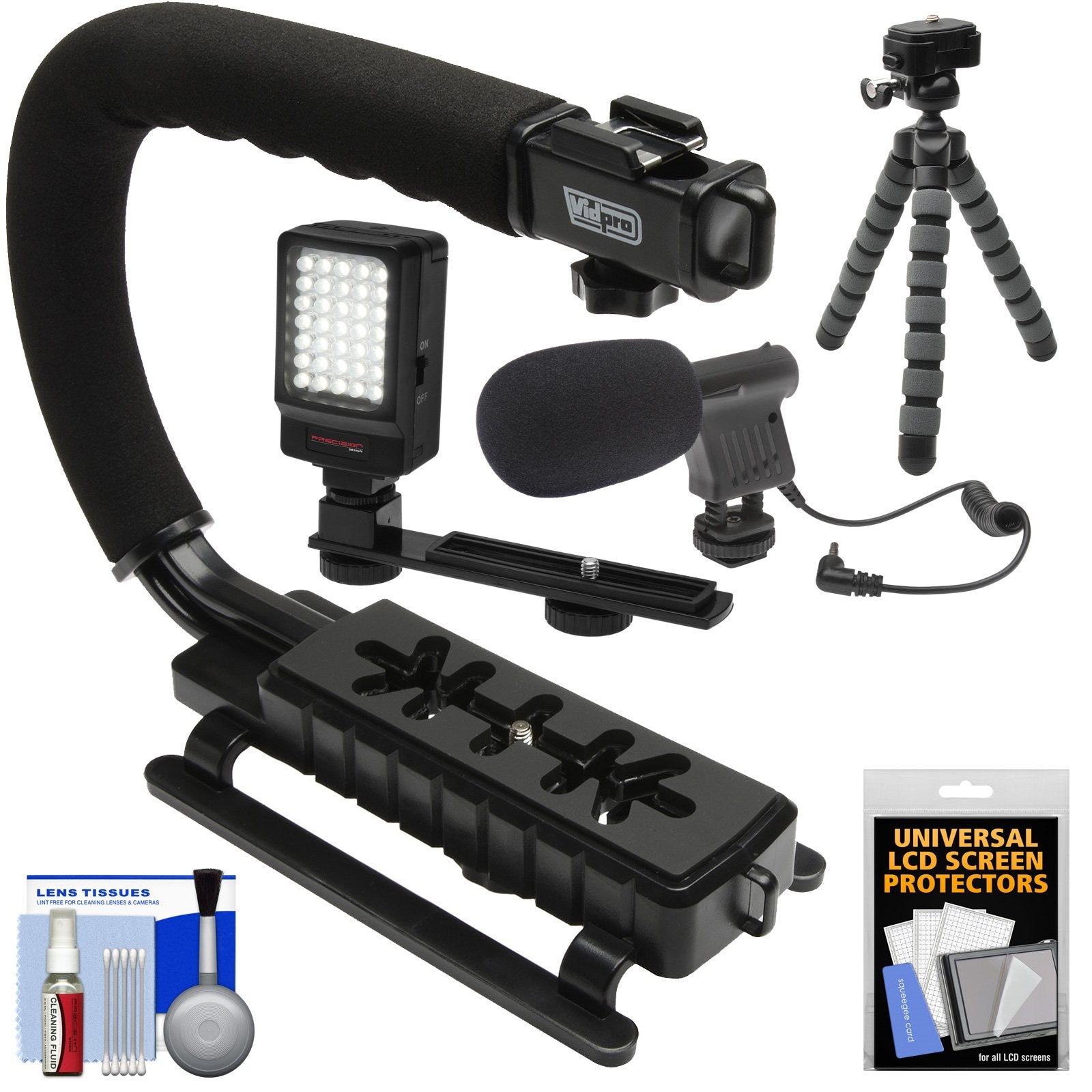 Vidpro Vb-12 Stabilizer Hand Grip For Dslr Cameras, Video Camcorders & Action Cameras With Microphone + Flex Tripod + Kit
