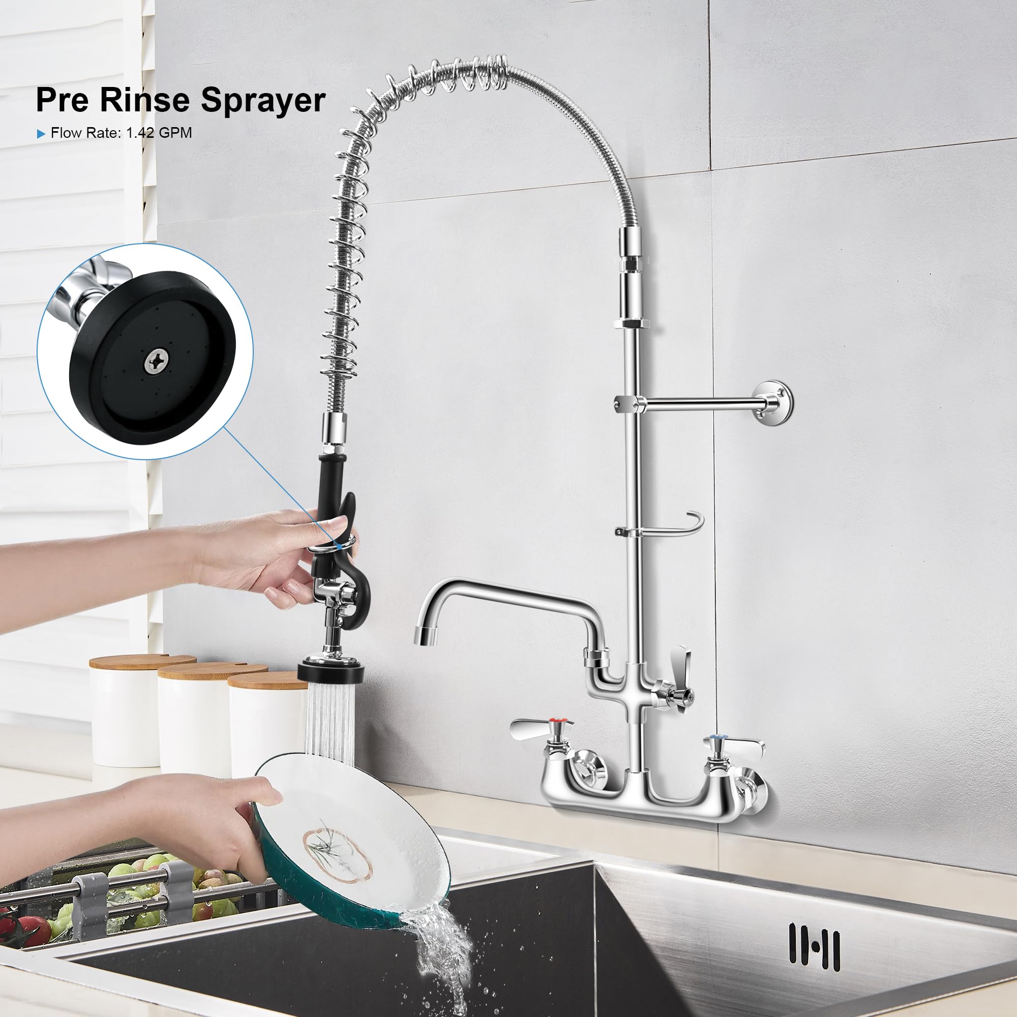 Hardura Restaurant Equipment Hardura Commercial Sink Faucet With Sprayer Wall Mount For Utility Sink, Kitchen Faucet Lead- Brass With 8" Center And 12" Swing Spout, 36" Adjustable Sprayer With 1.42 Gpm Flow Rate