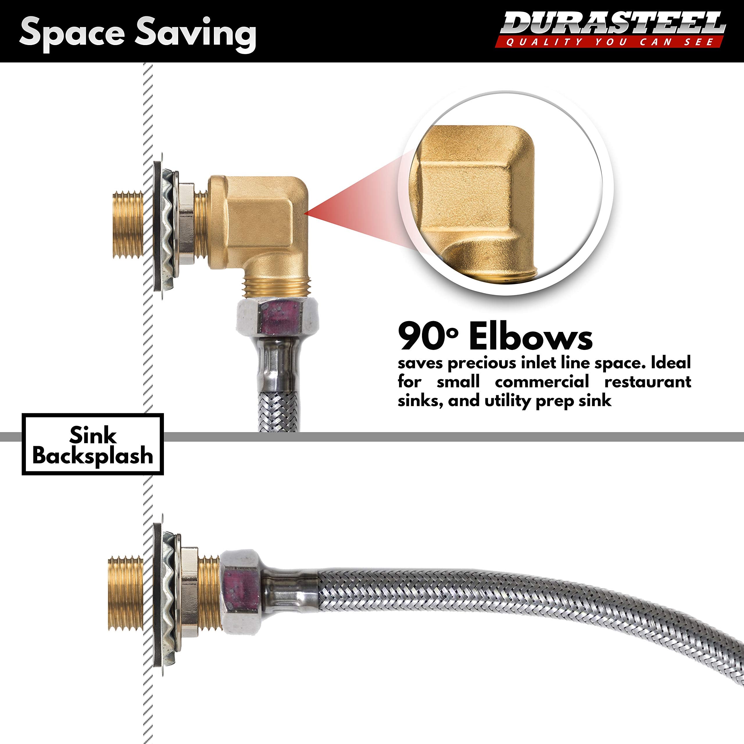 Durasteel Wall Mount Faucet 90-Degree Elbow - Commercial Kitchen No Lead Faucet Space Saving Backsplash Kit - 1/2" Ips Female X 1/2" Ips Male Brass Fitting, Pack Of 2