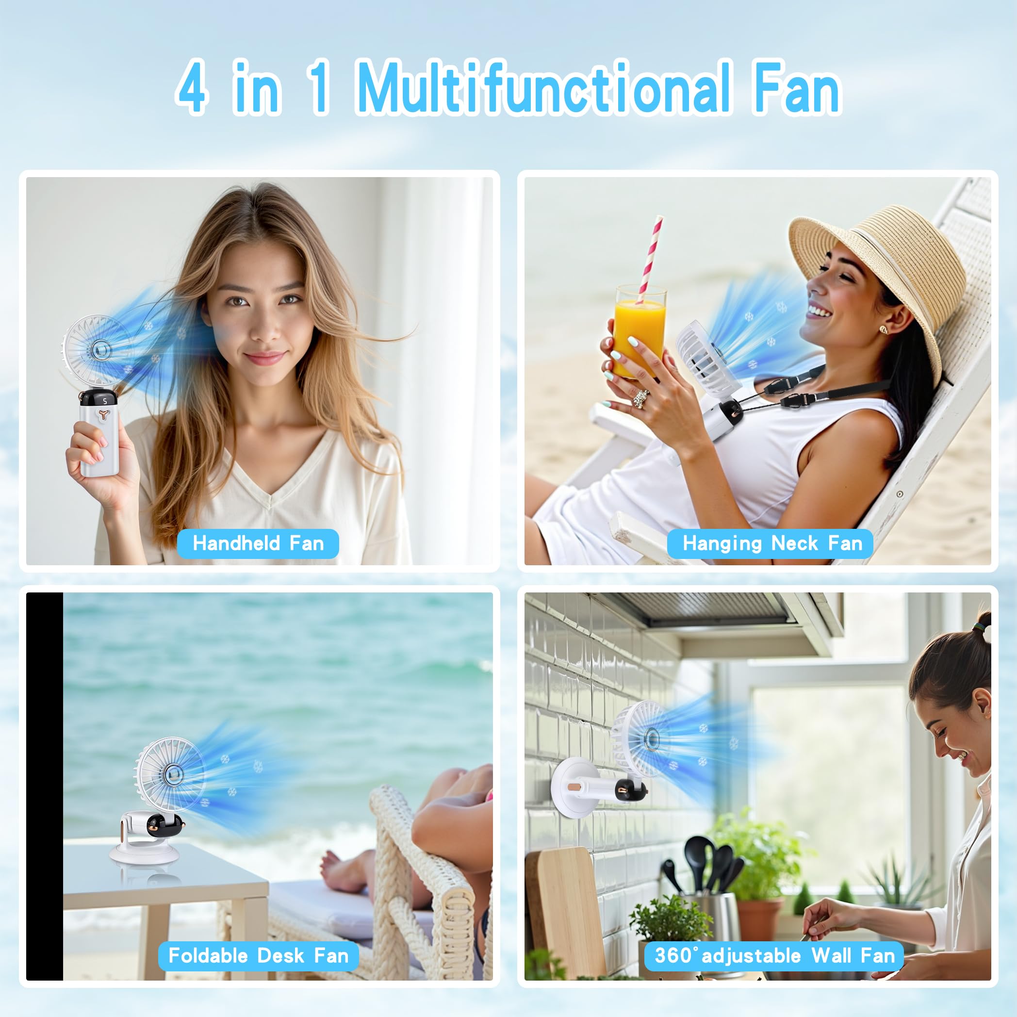 Versatile 4-In-1 Portable Handheld Fan, Battery Operated Fan With Base, 90°Ajustable, Rechargeable