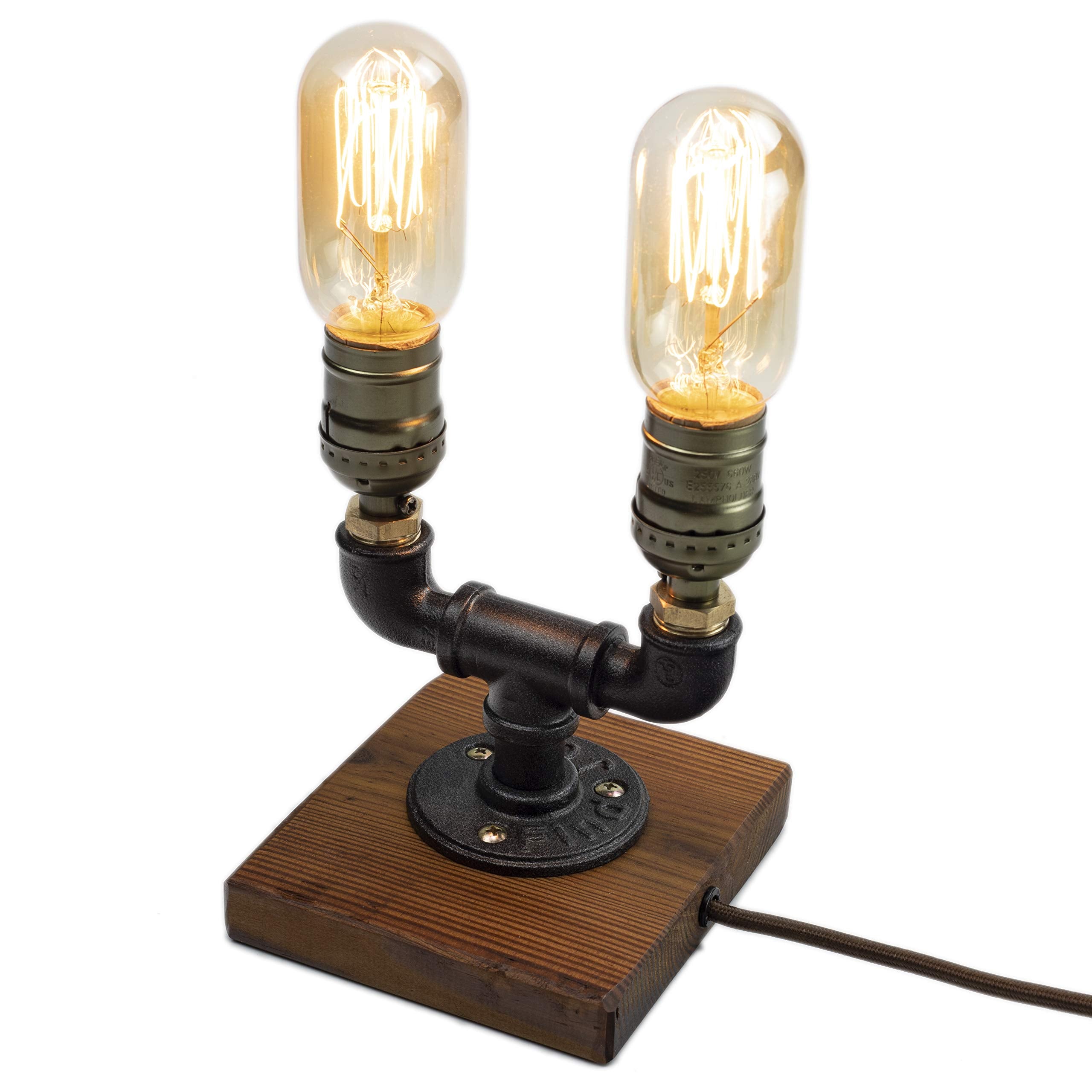 Y-Nut Steampunk Lamp With Dimmer, Dimmable Loft Style Industrial Vintage Antique Style Light With 2 Bulbs, Wood Base With Iron Piping Desk Lamp, Retro Desk Lamp Ll-027