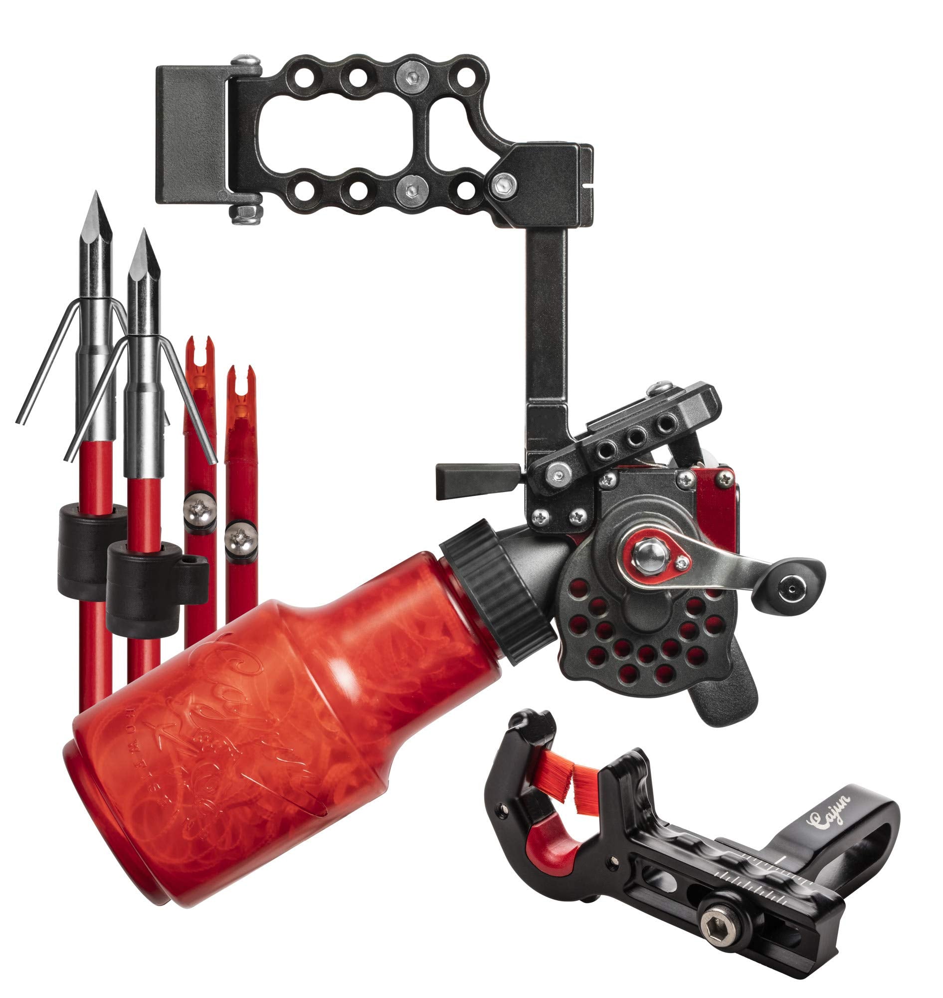 Cajun Bowfishing Cajun Winch Pro Reel Bowfishing Kit - Ultimate Bundle Including Winch Pro Reel, 25 Yards Of 250 Lbs. Line, 2 Arrows W/Piranha Points, Slides, Stops, And Brush Fire Arrow Rest