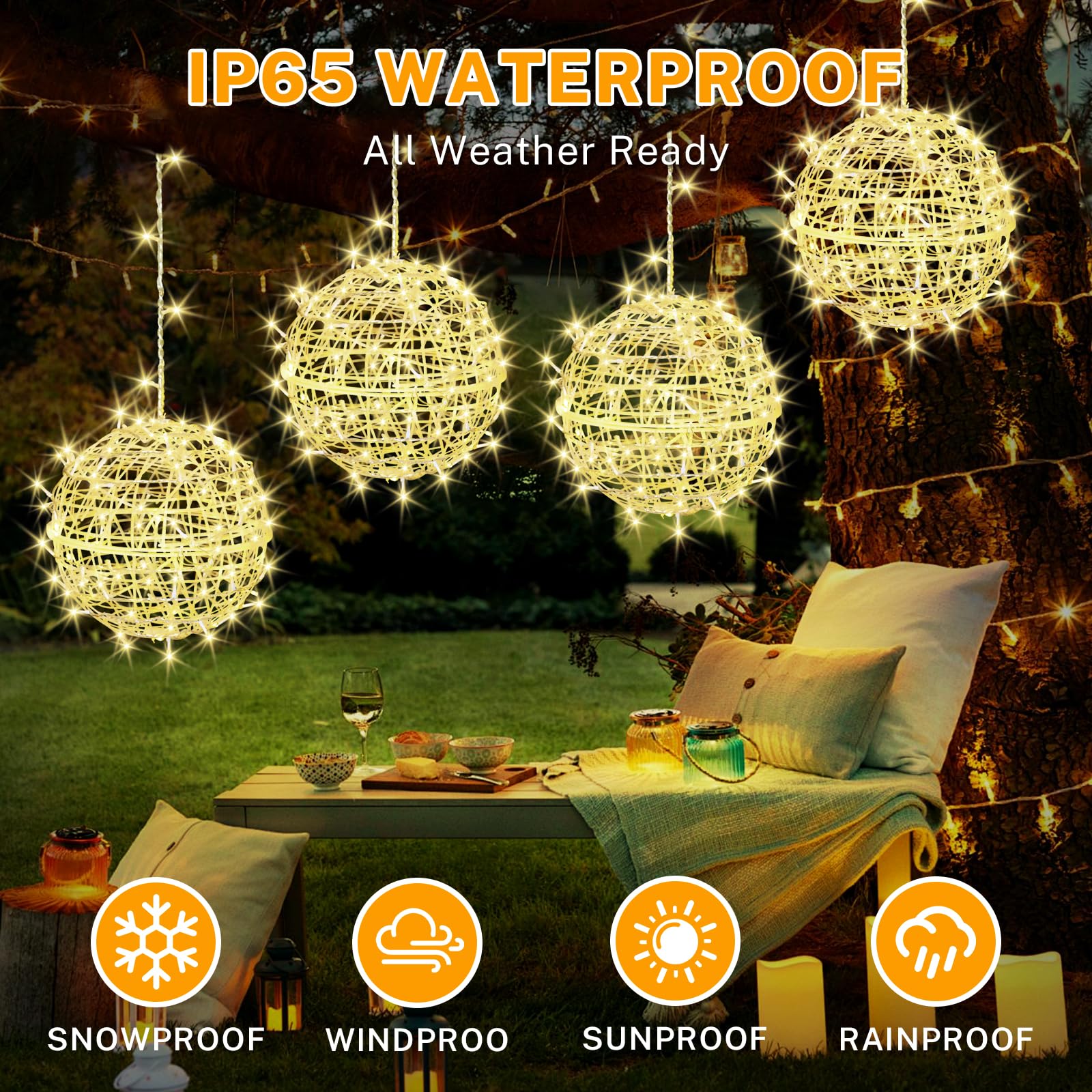 Jnoec Outdoor Balls Lights Hanging Tree Garden Lights - 4 Pack 11.8" Sphere Lights With Plug In Globe Lights Trees Garden Lights For Party Wedding Yard Garden Porch Patio Decoration(Warm White)