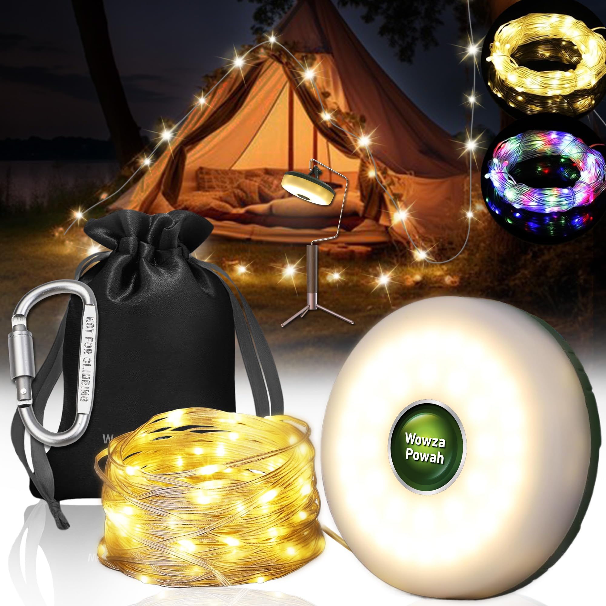 Wowza Powah 4 In 1 Camping String Lights 32.8Ft Outdoor Quick Storage Camping Lights String & Lanterns, 8 Modes Retractable Camping Essentials Waterproof Camp Lights For Tent Gear