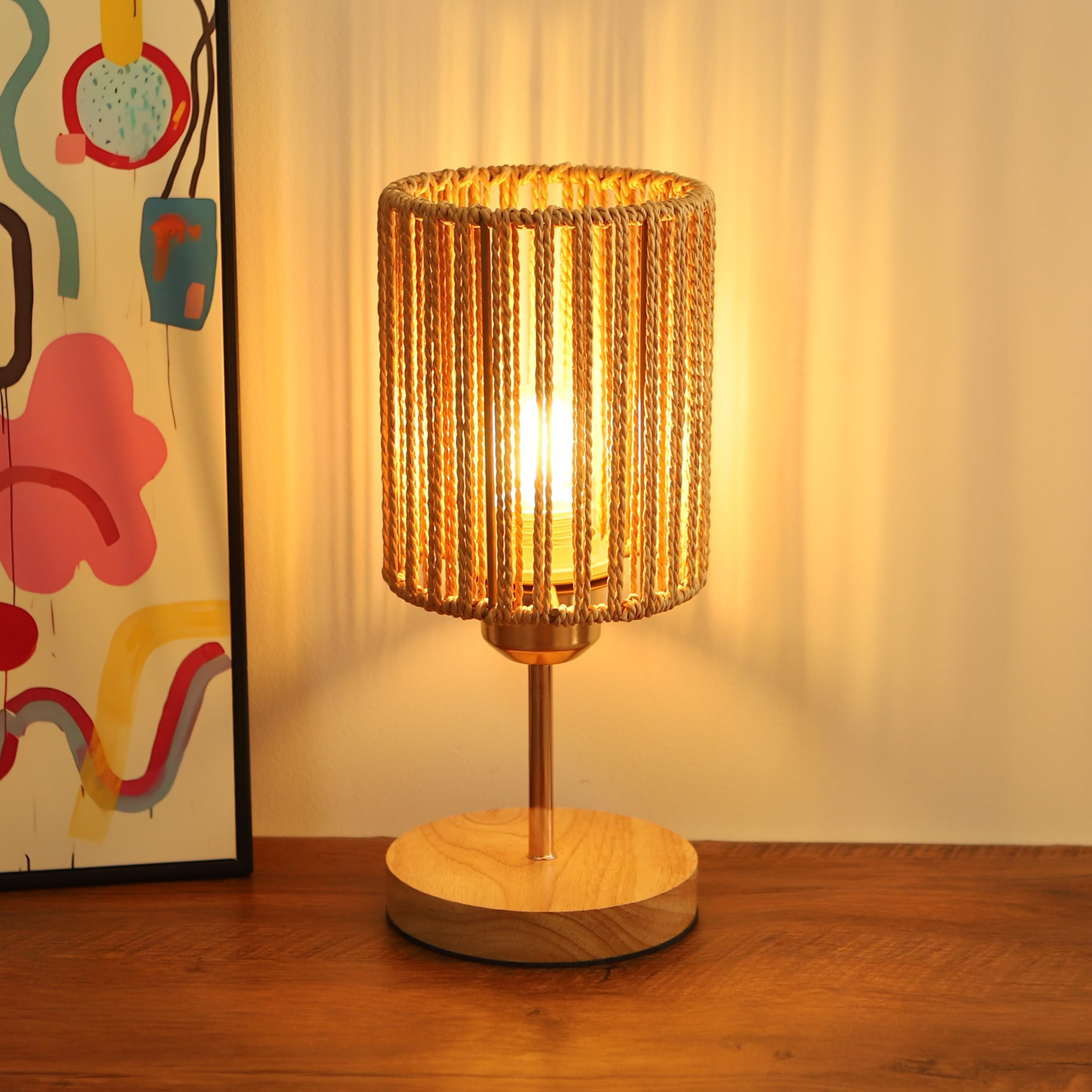 Rarlonly Boho Small Table Lamp With Bulb,Rustic Rattan Lamp For Bedroom,Nightstand Lamp,Table Lamp For Living Room,Wooden Base Bedside Lamp,Desk Lamp For Small Spaces (Brown-B)