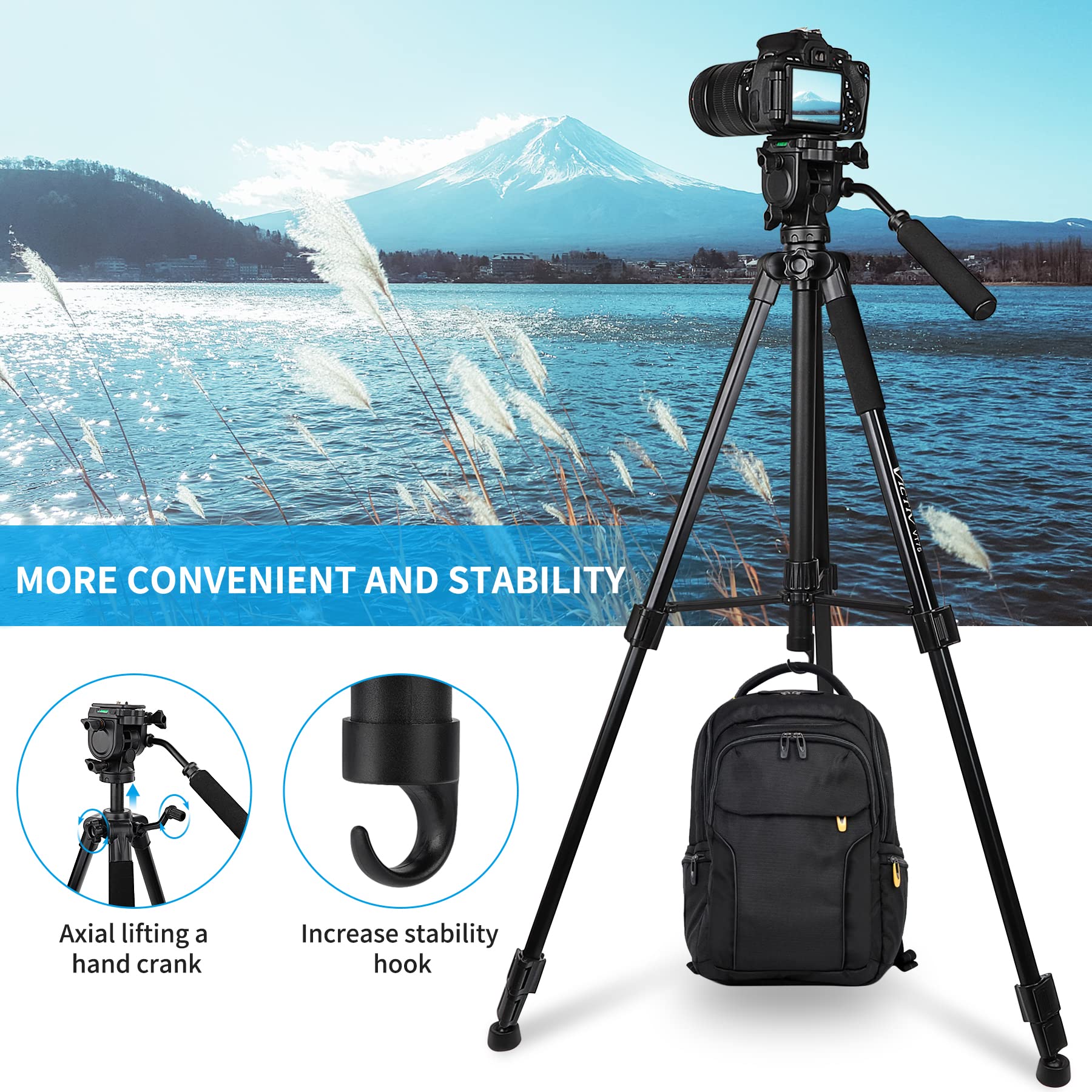 Victiv 73" Tripod For Camera With Fluid Head - Heavy Duty Stand For Dslr, Cell Phones, Spotting Scopes & Webcam - Complete Unit With Tablet & Phone Mount