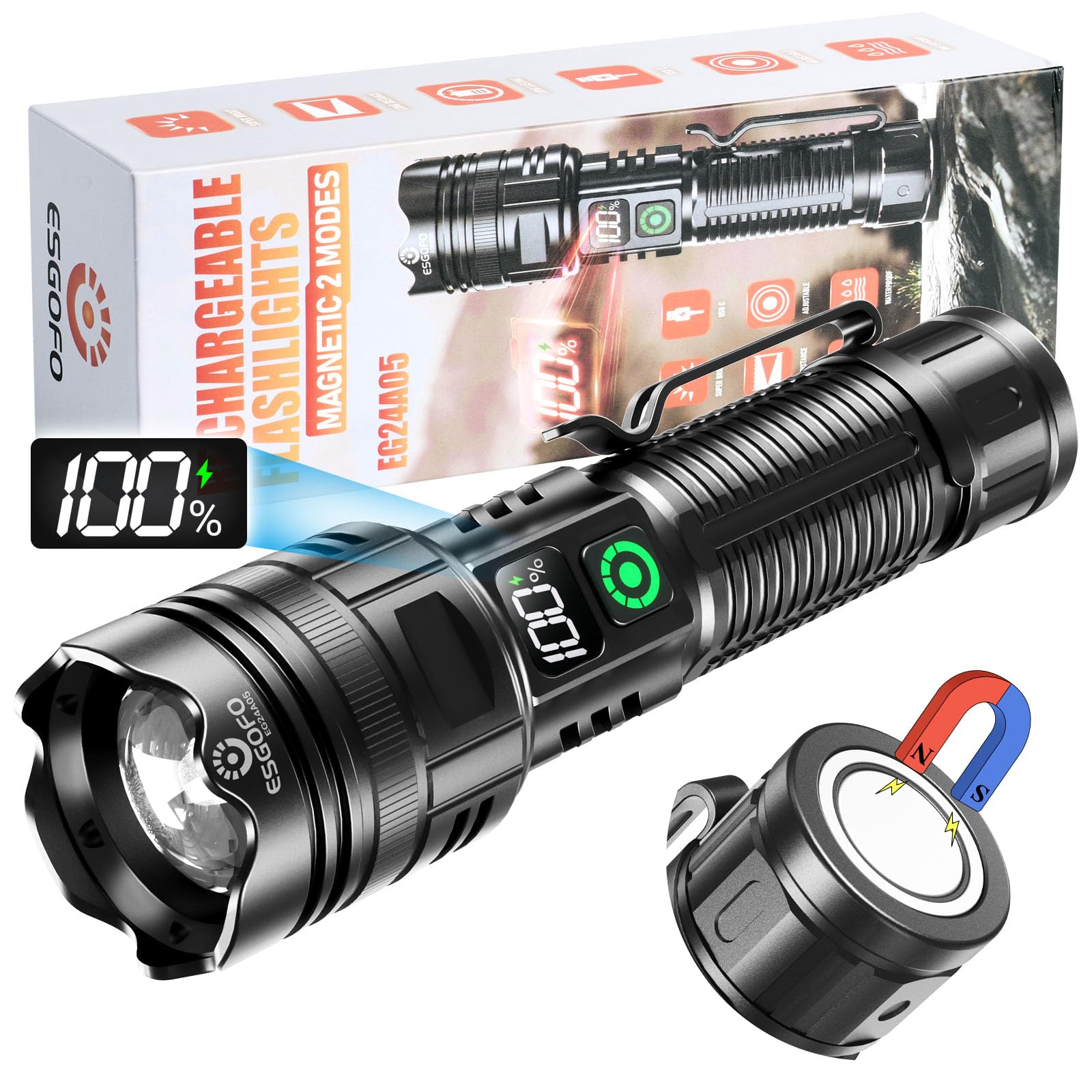 Esgofo Rechargeable Flashlights High Lumens 2000 2 Modes High/Low, Super Bright Magnetic Led Flashlight Long Distance 3280Ft, Small Powerful Long Lasting 10 Hours Strong Flash Light Usb C With Clip