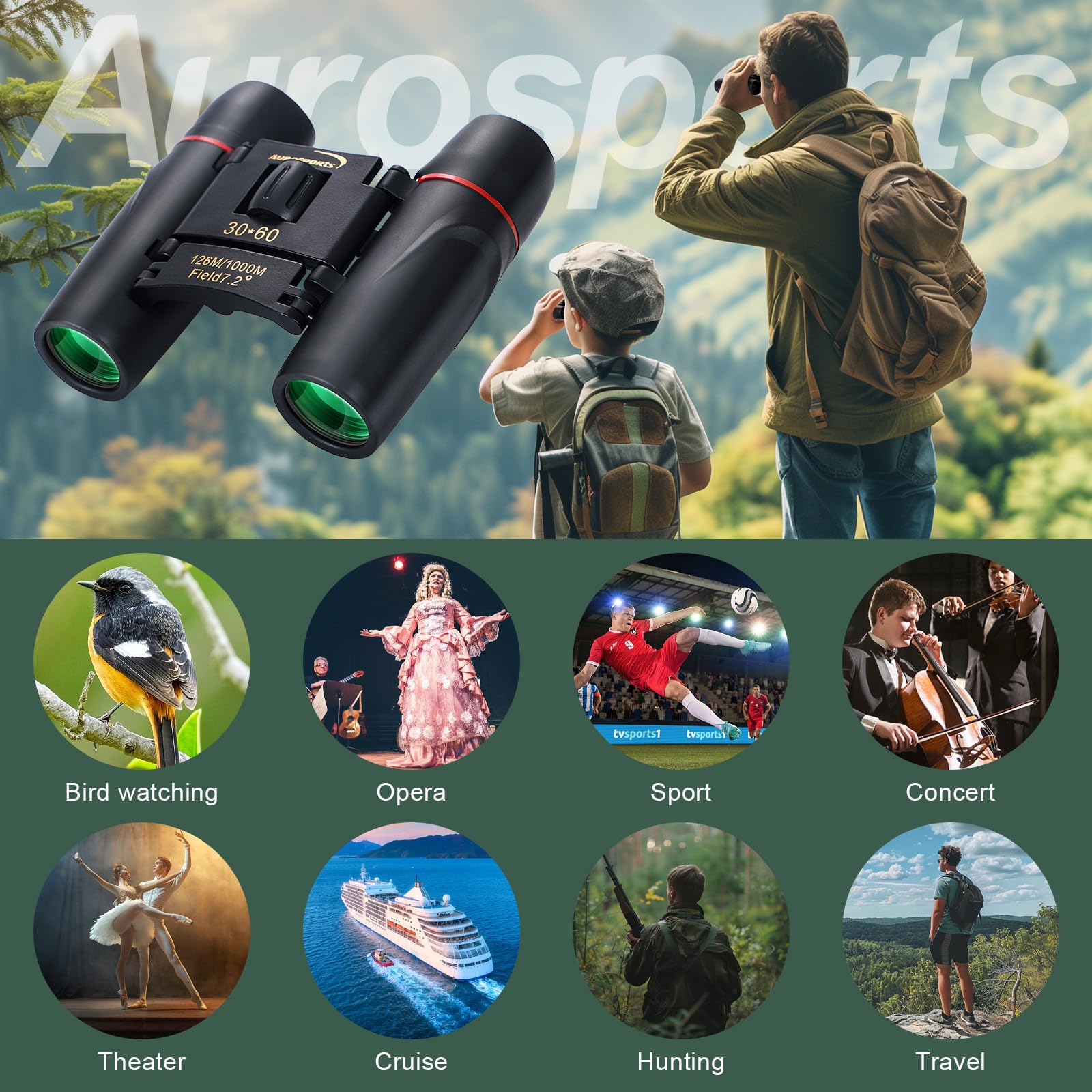Aurosports 30X60 Small Binoculars For Adults Folding Bird Watching - Mini Compact Binocular For Kids High Power Easy Focus Binoculars For Travel Hunting