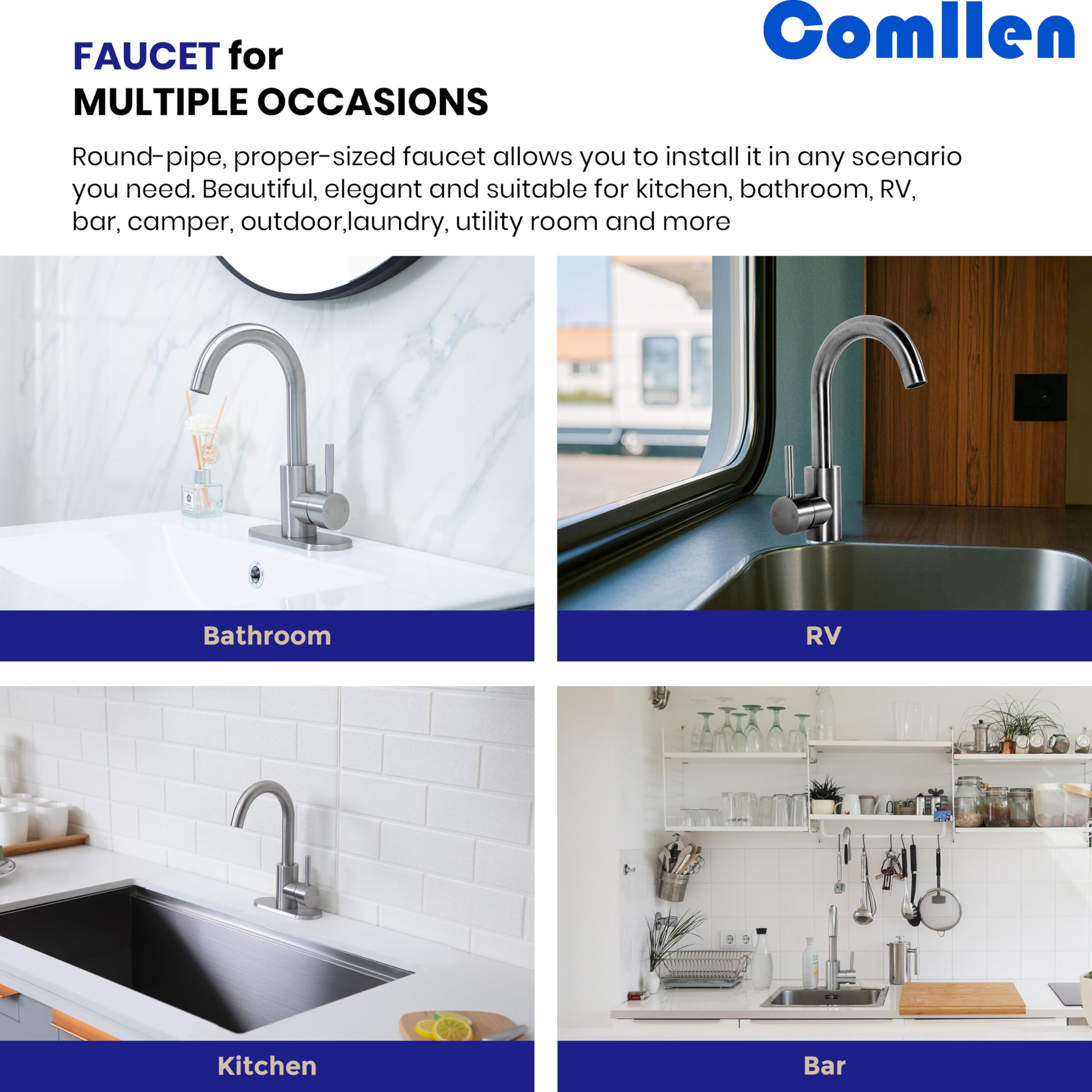 Comllen Wet Bar Sink Faucet, Brushed Nickel, Lead- 304 Stainless Steel, 360° Swivel, Single Handle, Small Prep Sink Faucets With Deck Plate For Rv Outdoor Laundry Vanity Lavatory