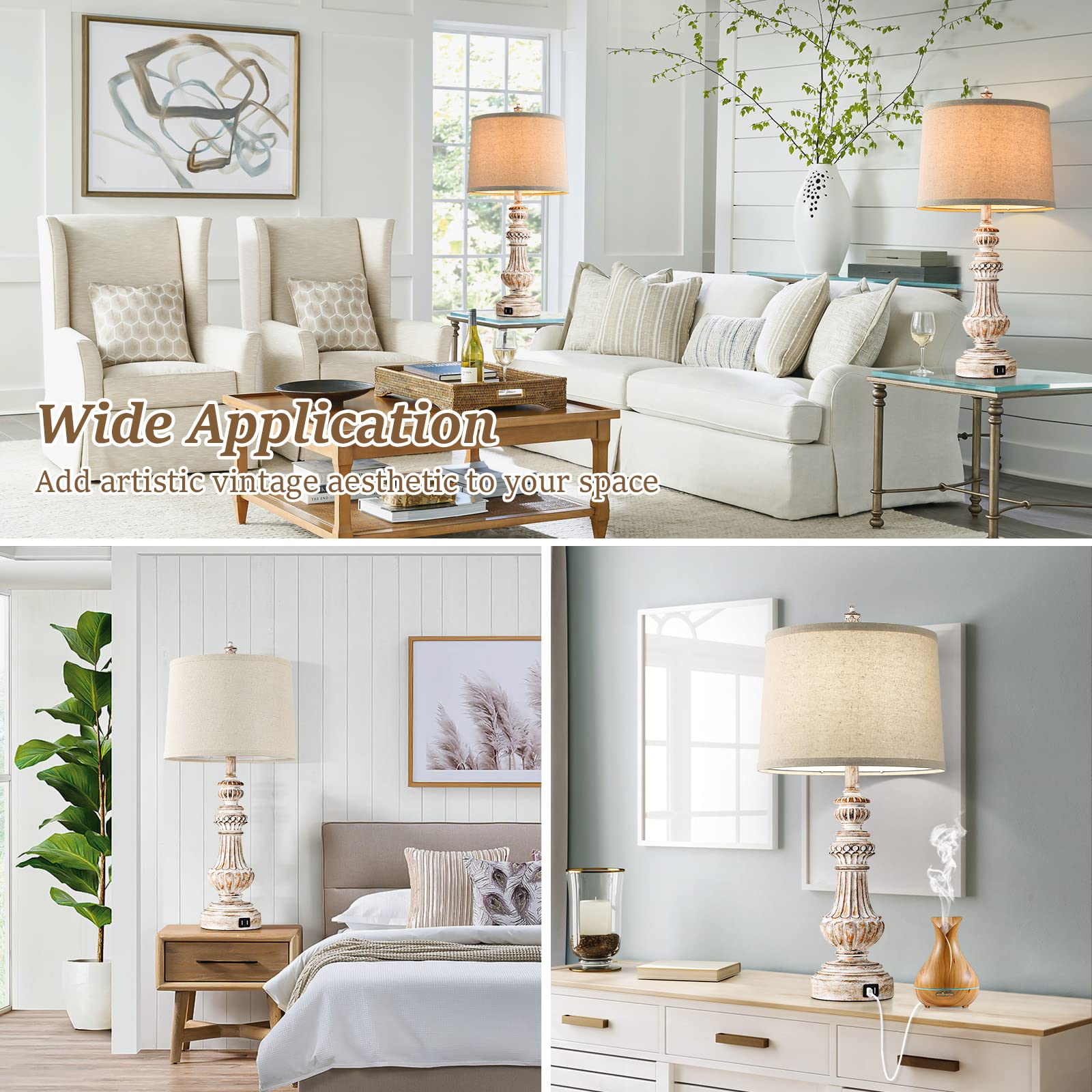 Bosceos Tall Table Lamps Set Of 2, 28” Vintage Table Lamps With Dual Usb Ports, Resin Bedside Lamps With Rotary Switch, Nightstand Lamps With E26 Base, Desk Lamp With Fabric Shade For Living Room Bedroom