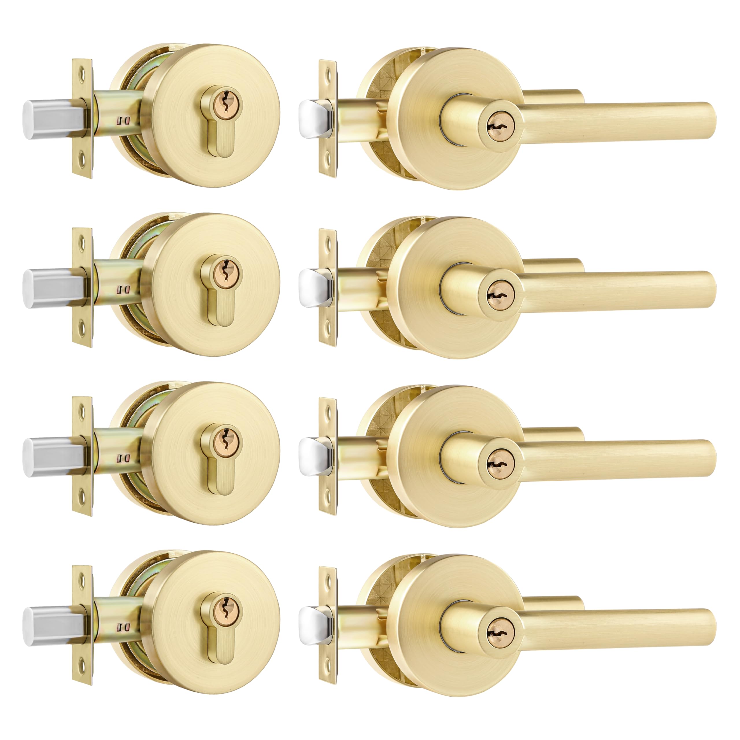Leydebong 4 Pack Door Handleset With Single Cylinder Deadbolt, Gold Deadbolt, Reversible For Right And Left Side Single Keyed Alike Lock Set