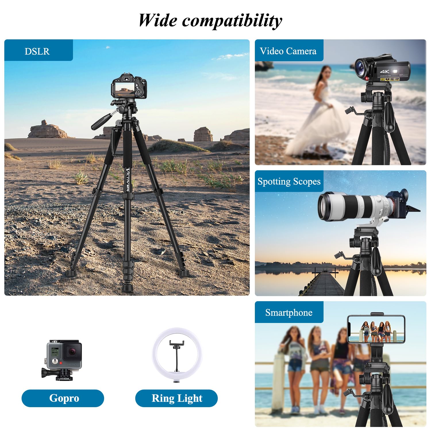 Victiv 74” Camera Tripod, Tripod For Camera And Phone, Aluminum Professional Tripod Stand For Canon Nikon With Carry Bag And Phone Holder, Compatible With Dslr, Iphone, Spotting Scopes, Max Load 9.5Lb