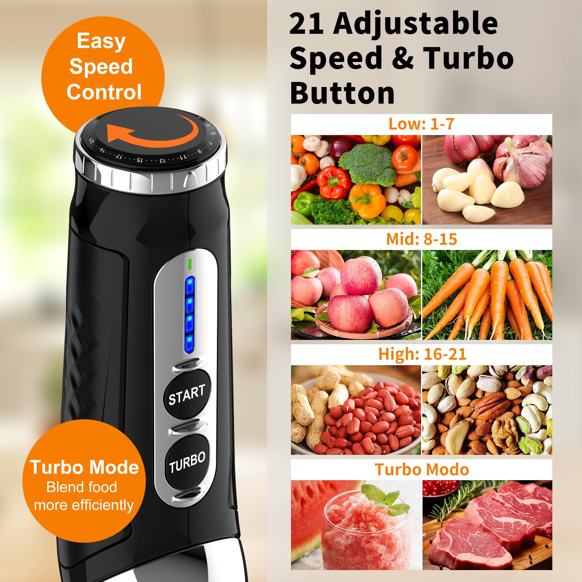 Binroc Immersion Blender Handheld, 3-Angle Adjustable With 21-Speed Electric Hand Emulsion Stick Blender With Stainless Steel Bladefor Milkshakes, Puree, Soup, Baby Food, Smoothies