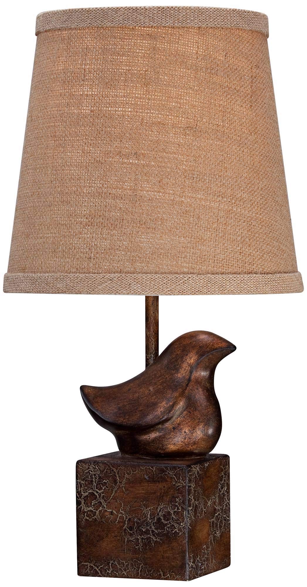 360 Lighting Bird Modern Rustic Farmhouse Accent Table Lamp 15 1/2" High Sculptural Crackle Bronze Brown Natural Burlap Hardback Drum Shade For Bedroom House Bedside Nightstand Home Office