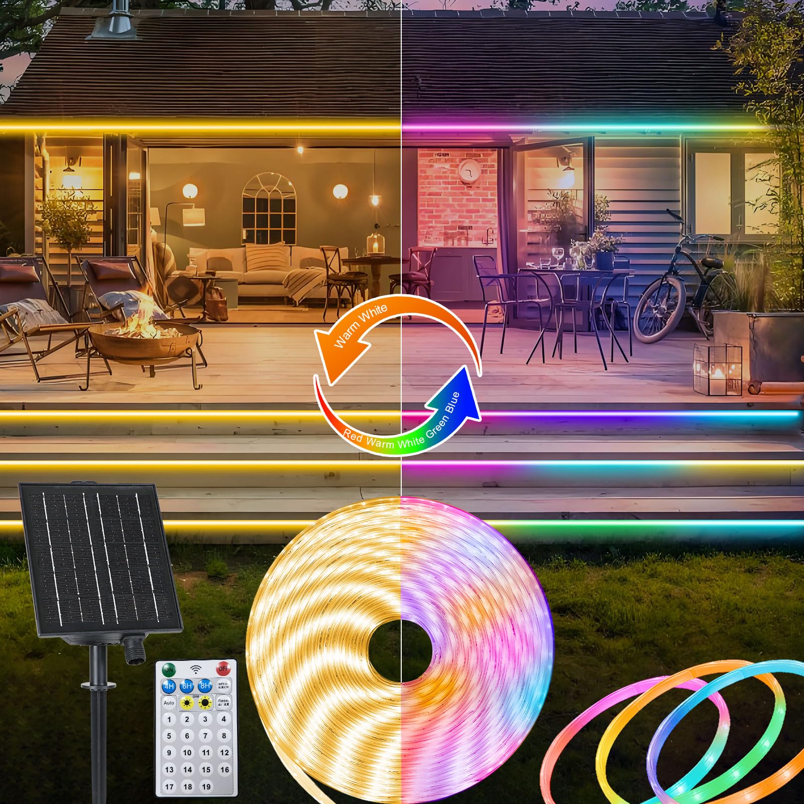 Zaiyw 32.8Ft Dual Color Changing Solar Led Strip Lights Outdoor, Ip68 Waterproof Strip Lights With Timer Remote, Self-Adhesive Cuttable Light Strip For Yard Garden Decor (Warm White & Multicolor)