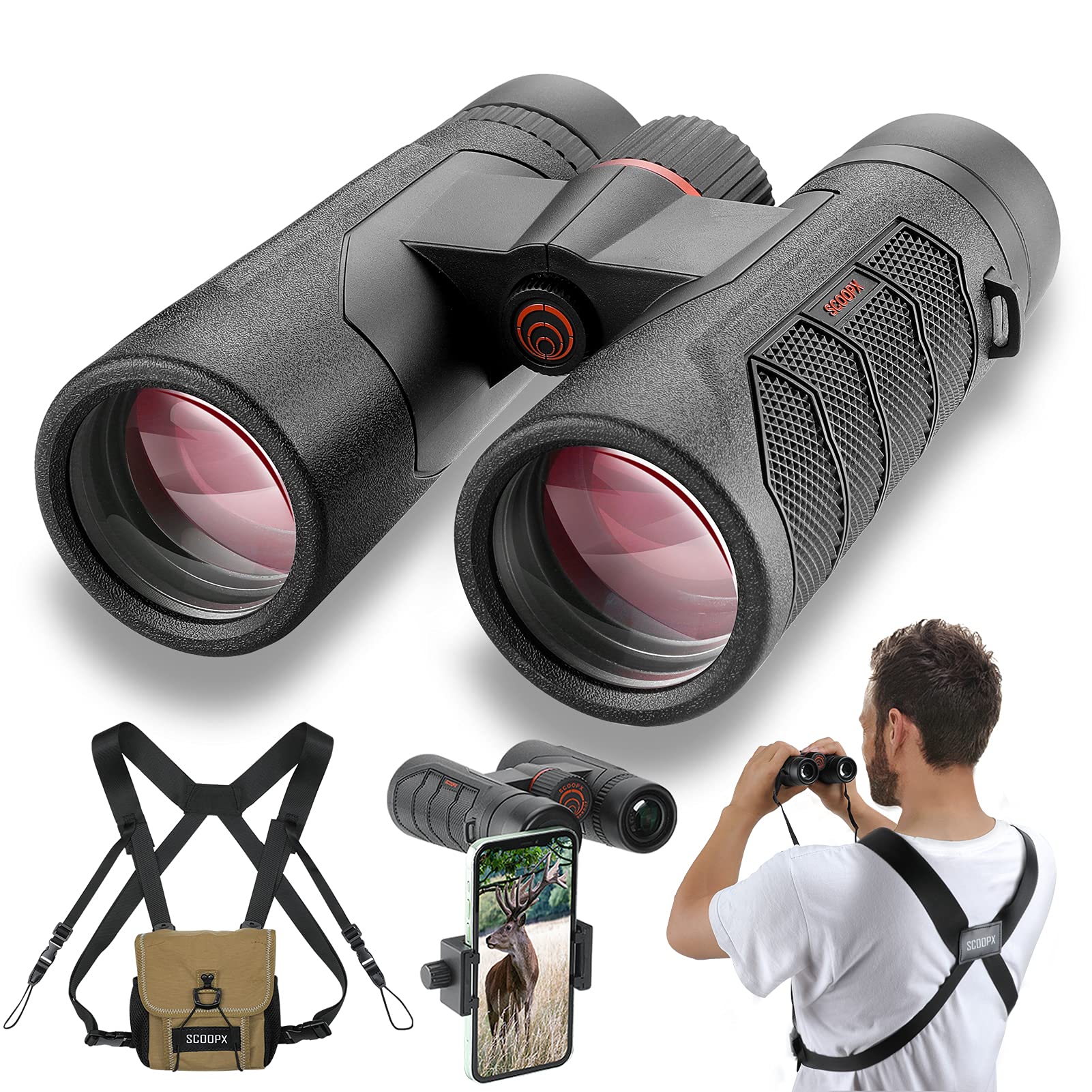 Scoopx 10X42 Ultra Hd Binoculars With Phone Adapter And Harness - 24Mm Large View Eyepiece, Edge-To-Edge Sharpness, 6.5° Wide Angle Field Of View - Lightweight Waterproof Binoculars For Bird Watching Huntin1