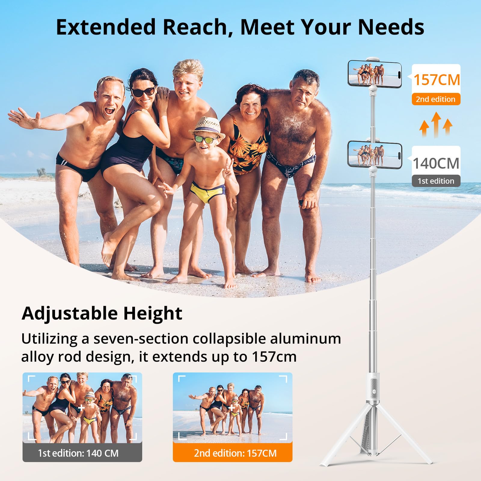 Atumtek 62" Selfie Stick Tripod, Extendable Aluminum Tripod With Rechargeable Bluetooth Remote, Compatible With Iphone And Android Smartphones, Perfect For Travel, Vlog, Video And Photo, White