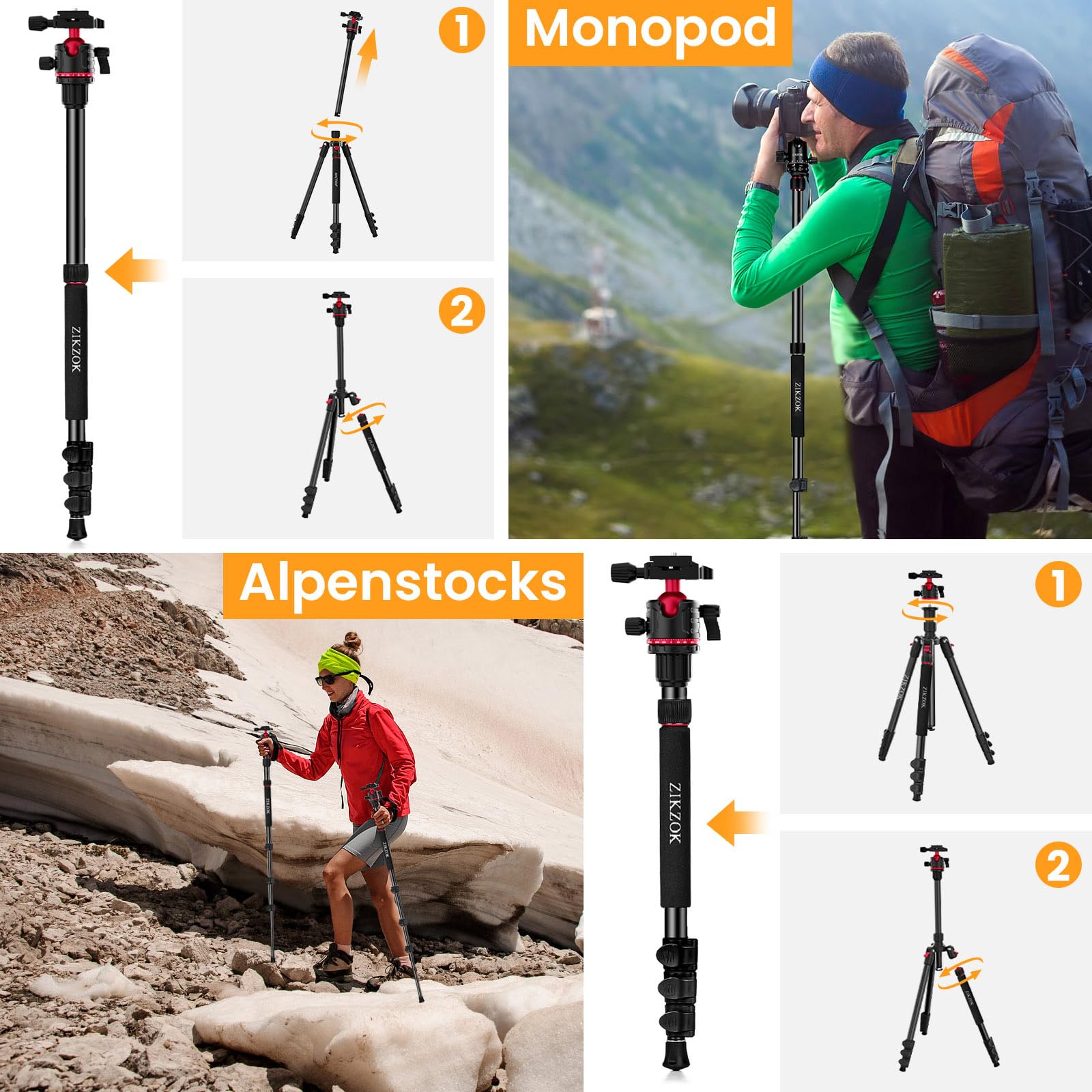 Zikzok 70" Tripod For Camera, Professional Aluminum Camera Tripod & Monopod With 360° Ball Head, Adjustable Lightweight Travel Tripod For Phone,Dslr,Tablet With Carry Bag