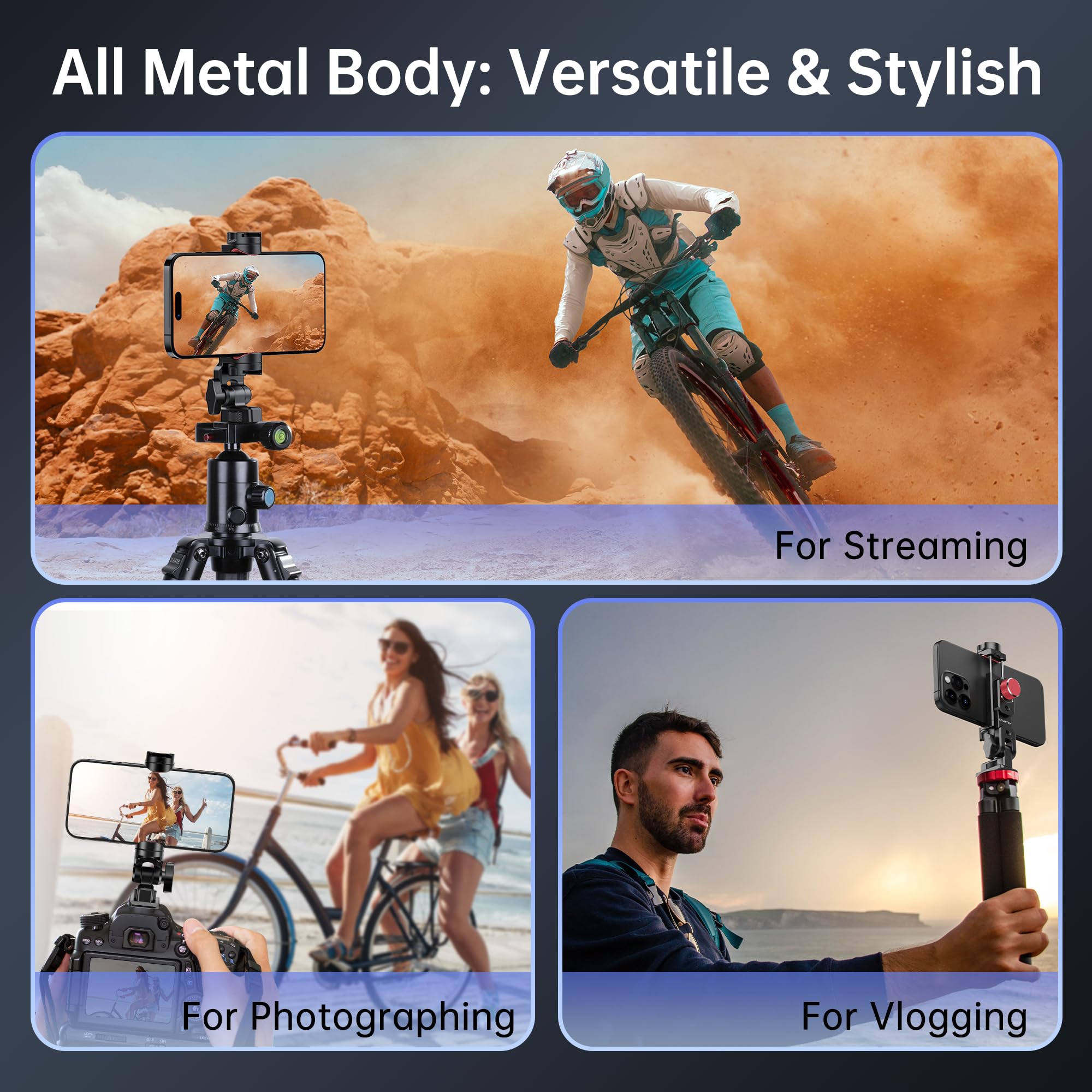 Atumtek Metal Phone Tripod Mount, Universal Aluminum Smartphone Mount Adapter With 3 Cold Shoe, 3 1/4" Screw Mount, Arca Port And 1 Convertible Cold Shoe Adapter, 360° Rotation & 145° Tilt Angle