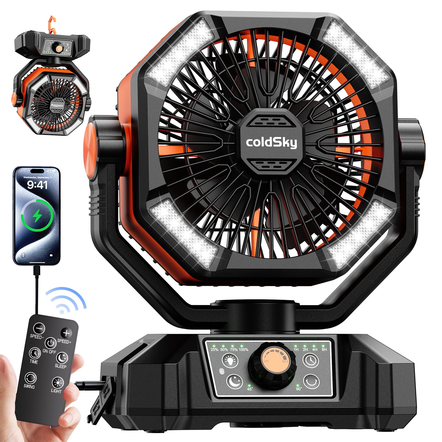 Dual motor 20000mAh camping fan with 4 LED lantern lights and 8 adjustable speeds Koospark