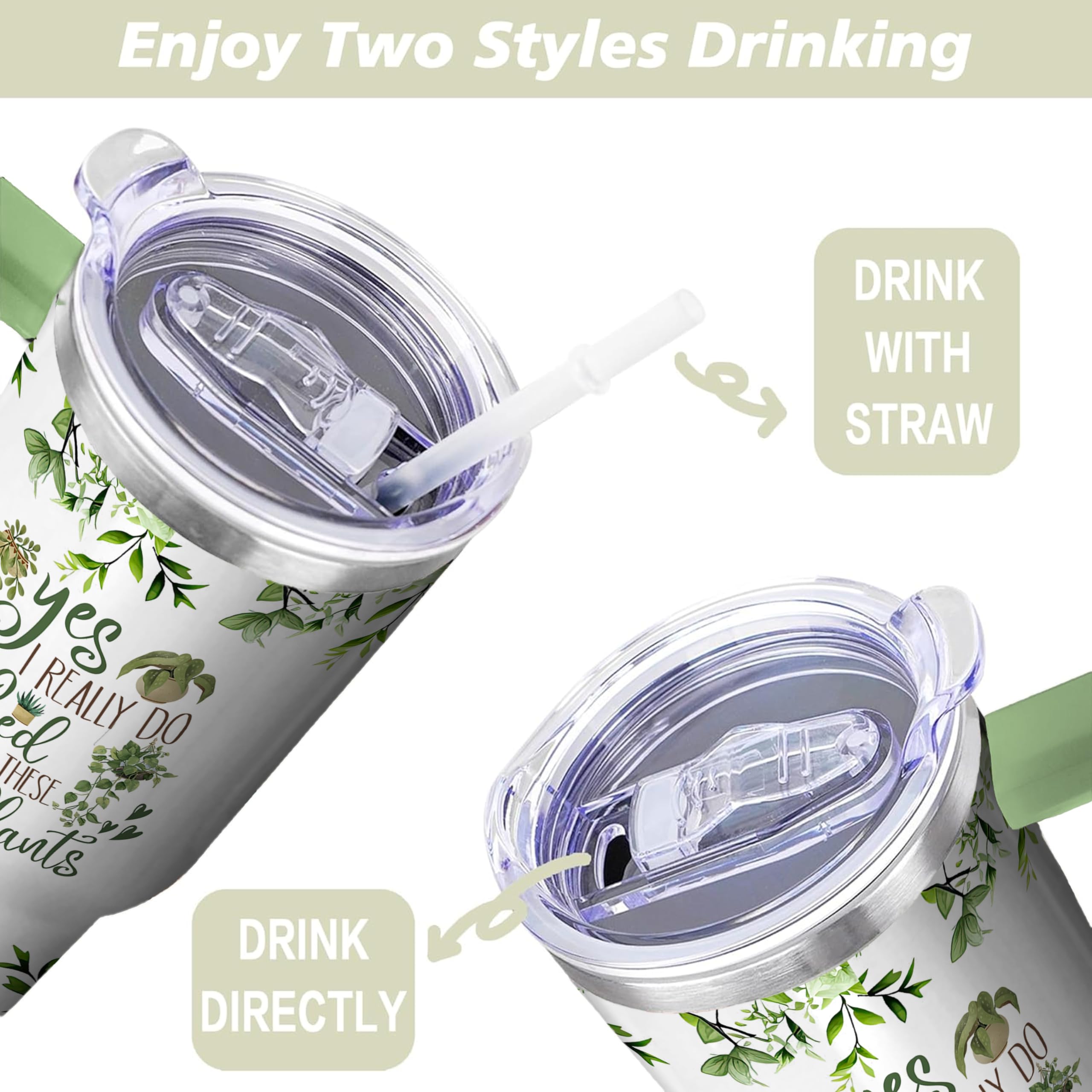 40 Oz Plant Tumbler With Handle And Straw, Double Wall Coffee Travel Mug Leak Proof, Stainless