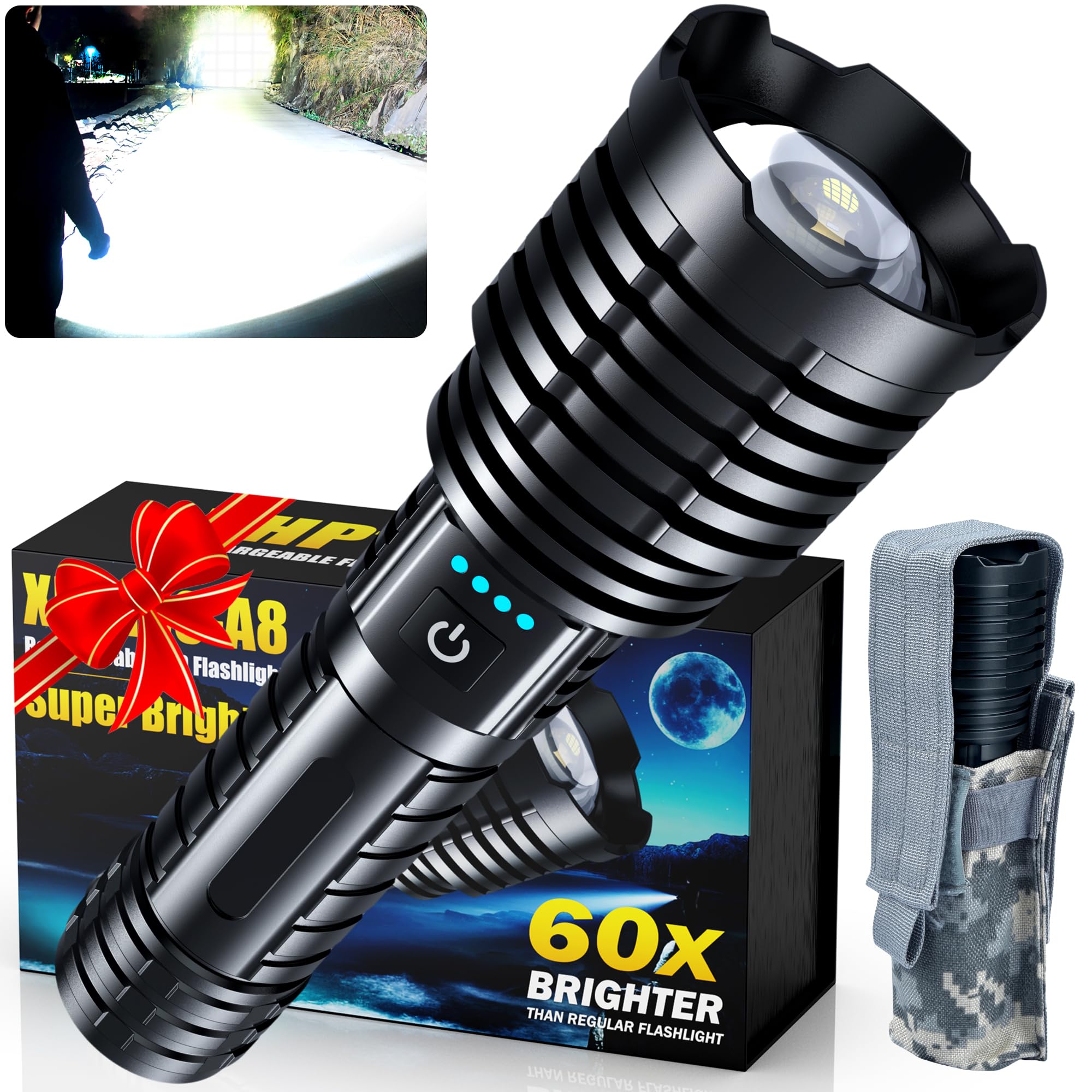 Grentay Super Bright Rechargeable Led Flashlights 2500.000 High Lumens, Flashlights High Lumens Up To 25H Long Battery Life Zoomable 5Light Modes Ip67 Waterproof, High Powered Flashlight For Camping Home