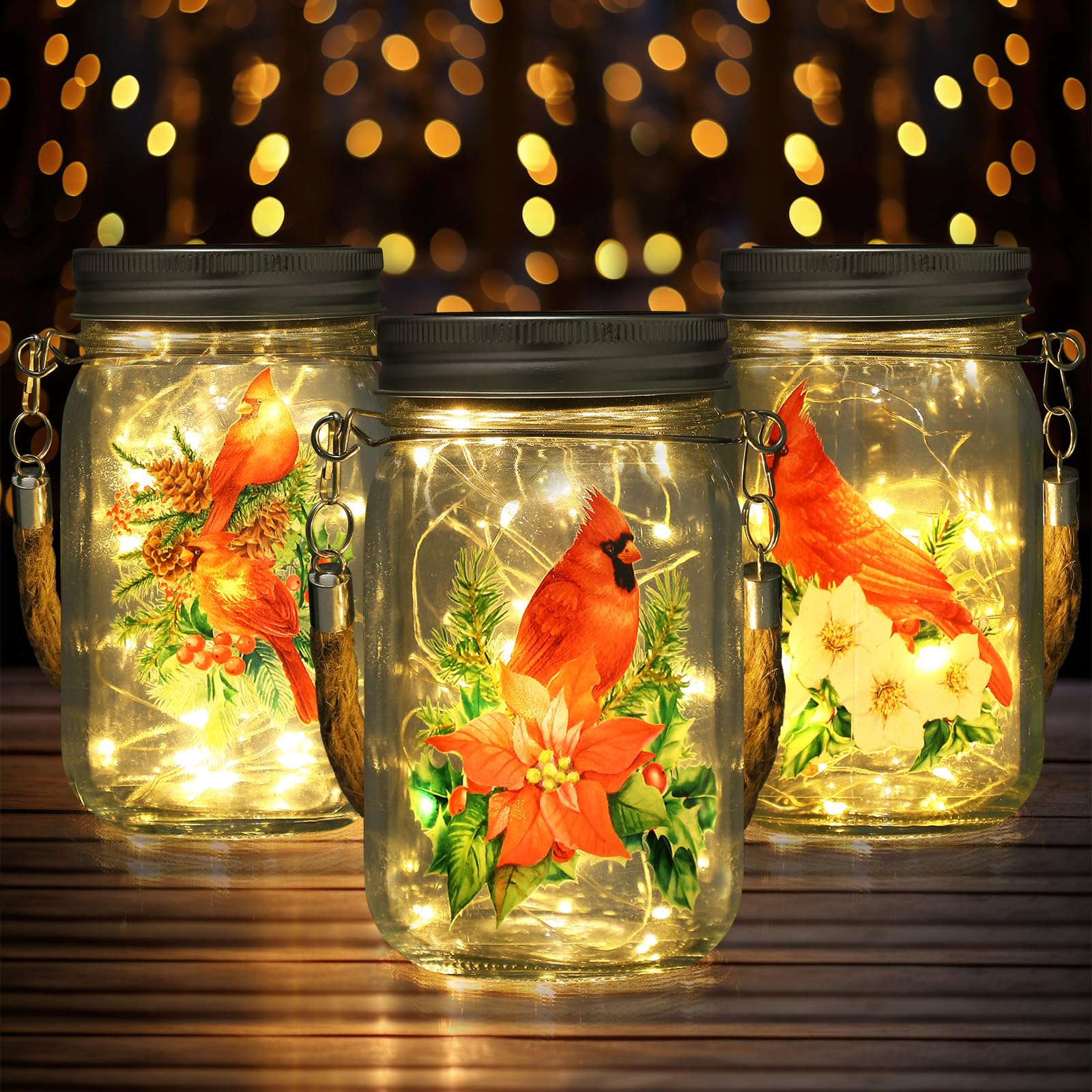 Jingmore 3 Pcs Solar Lantern Fairy Hanging Jar Lights Solar Outdoor Yard Garden Lantern Decor For Holiday Indoor Outdoor Decorations Home Decor(Christmas Cardinal)