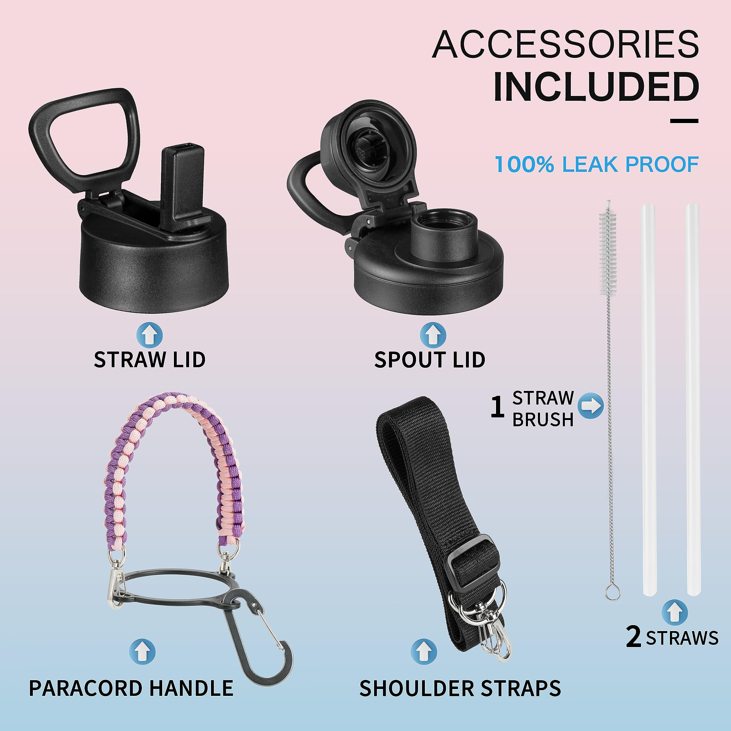 Kxiaochen Insulated Water Bottle, Stainless Steel Water Bottle, 2 Lids (Straw And Handle Lid)