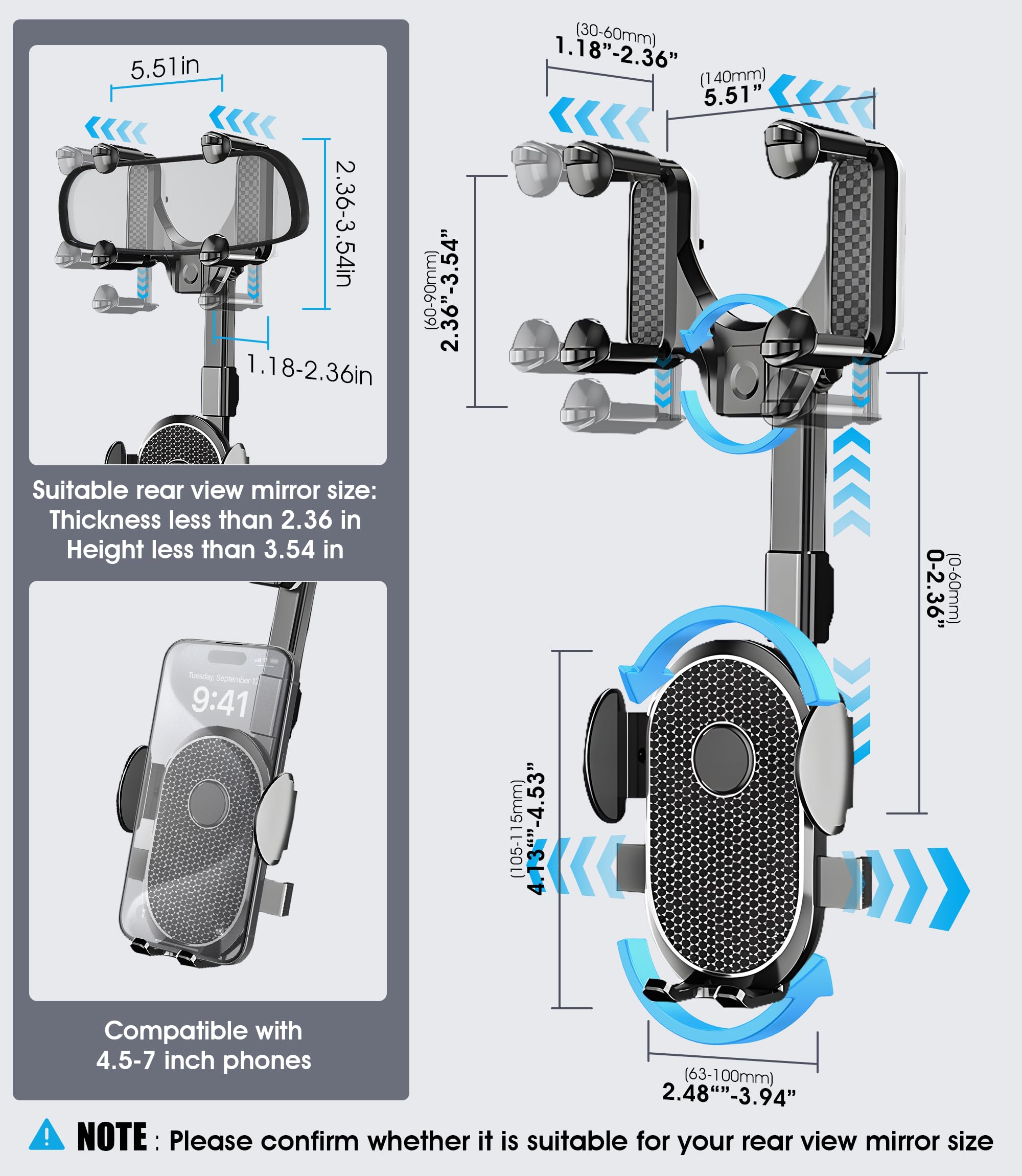 Seltureone Rear View Mirror Phone Holder, 360° Rotatable And Retractable Car Phone Holder Universal Rearview Car Phone Mount For All Mobile Phones