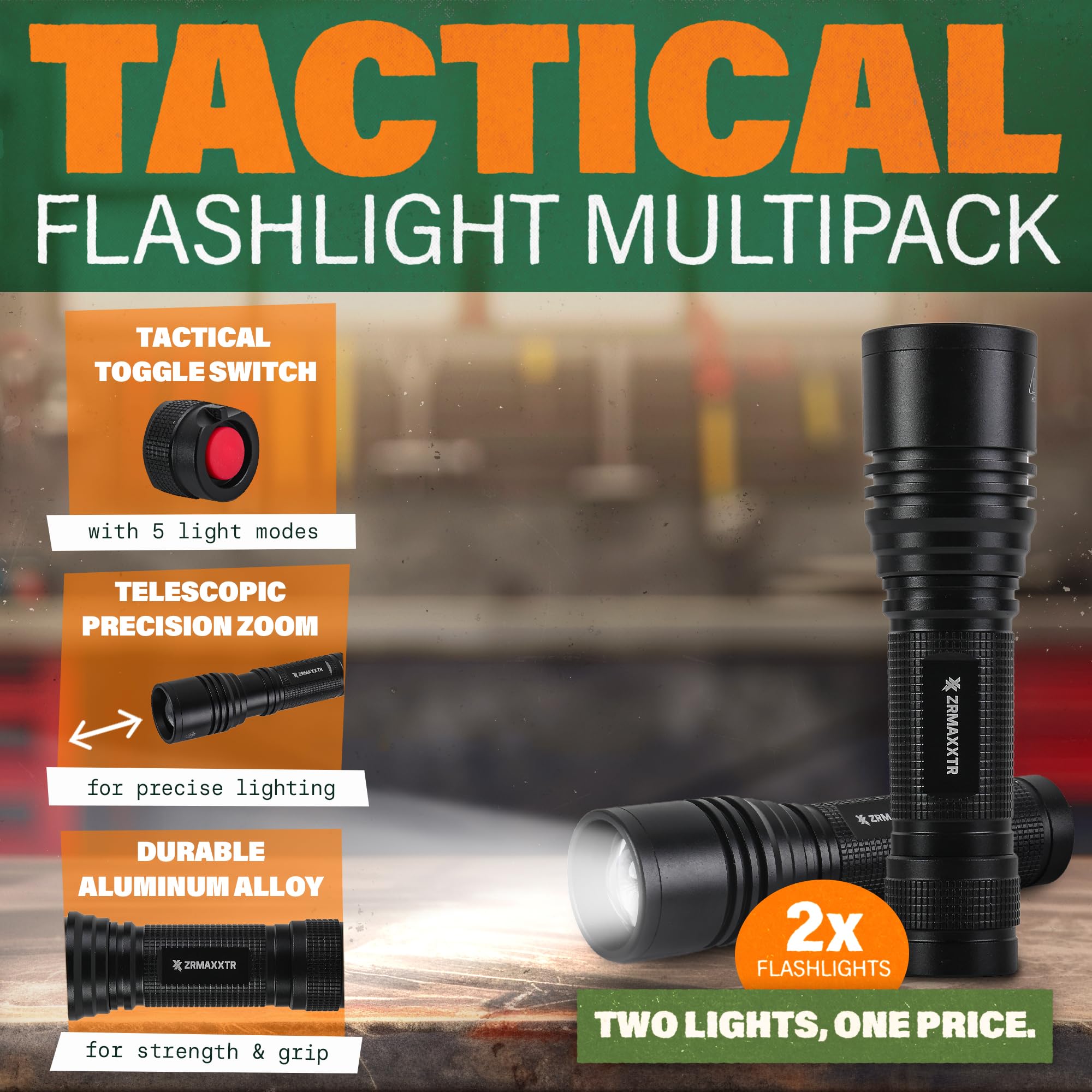 Zrmaxxtr Tactical Led Flashlight 2 Pack - Our Tactical Flashlight Features Shock & Water Resistance - Experience 5 Versatile Modes And Precision Focus With Our Zoomable Lens