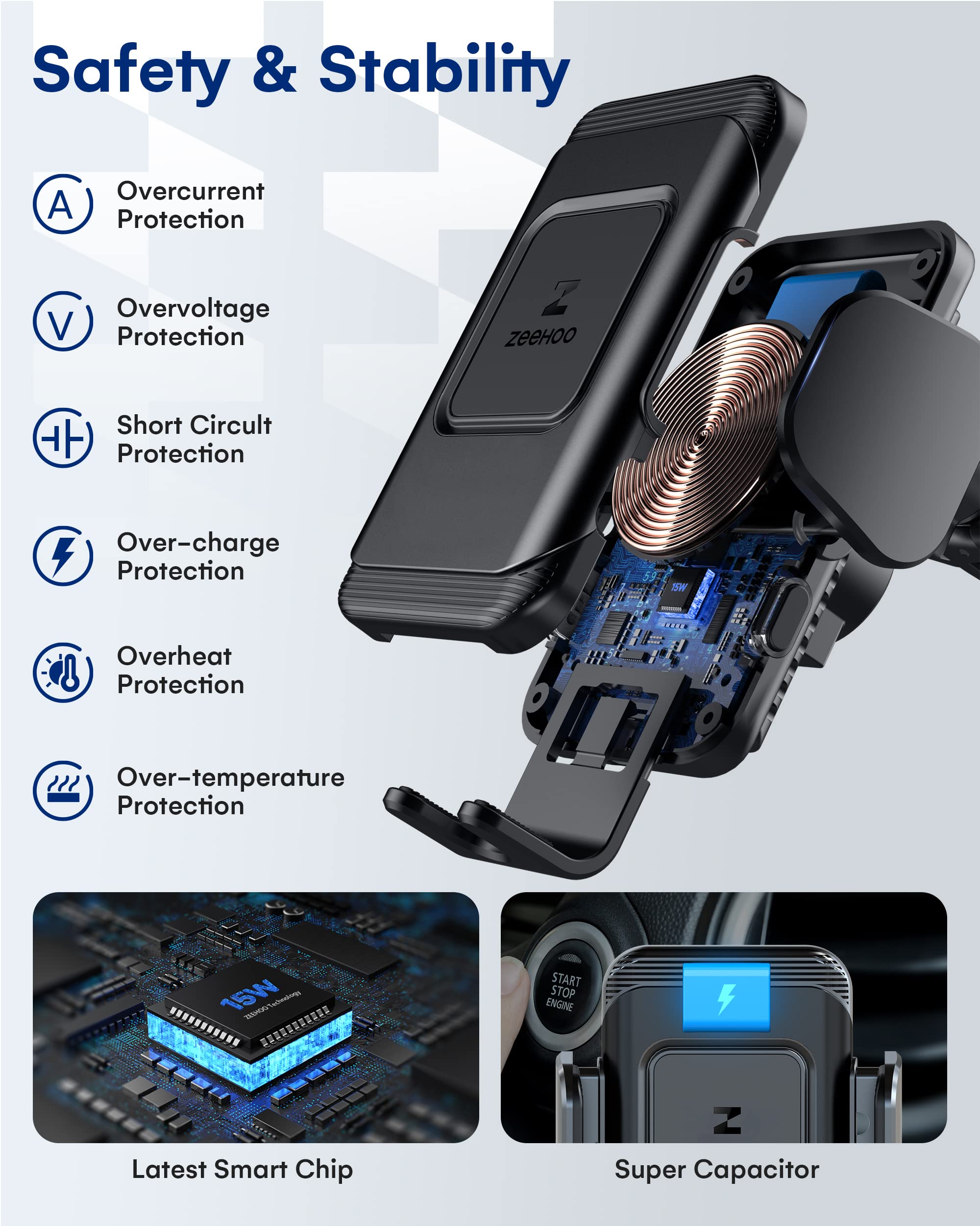 Zeehoo Wireless Car Charger,15 W Fast Charging Auto-Clamping Car Mount,Windshield Dash Air Vent Phone Holder For Iphone 14 13 12 Mini 11 Pro Max Xs Xr 8,Samsung S22 S21 S20 Note 20 10 9 8