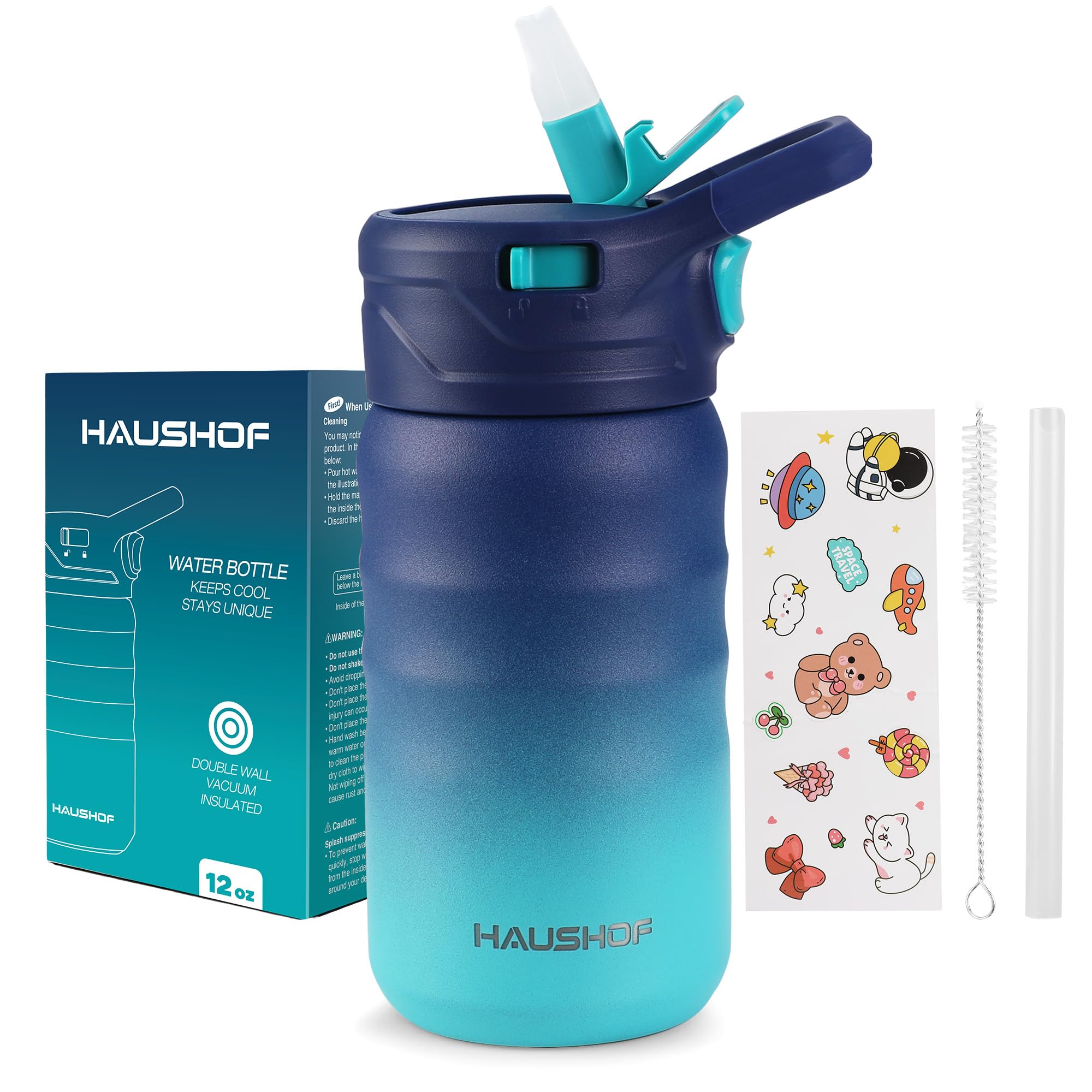 Haushof Kids Water Bottle 12 Oz- With Straw And Stickers, Stainless Steel