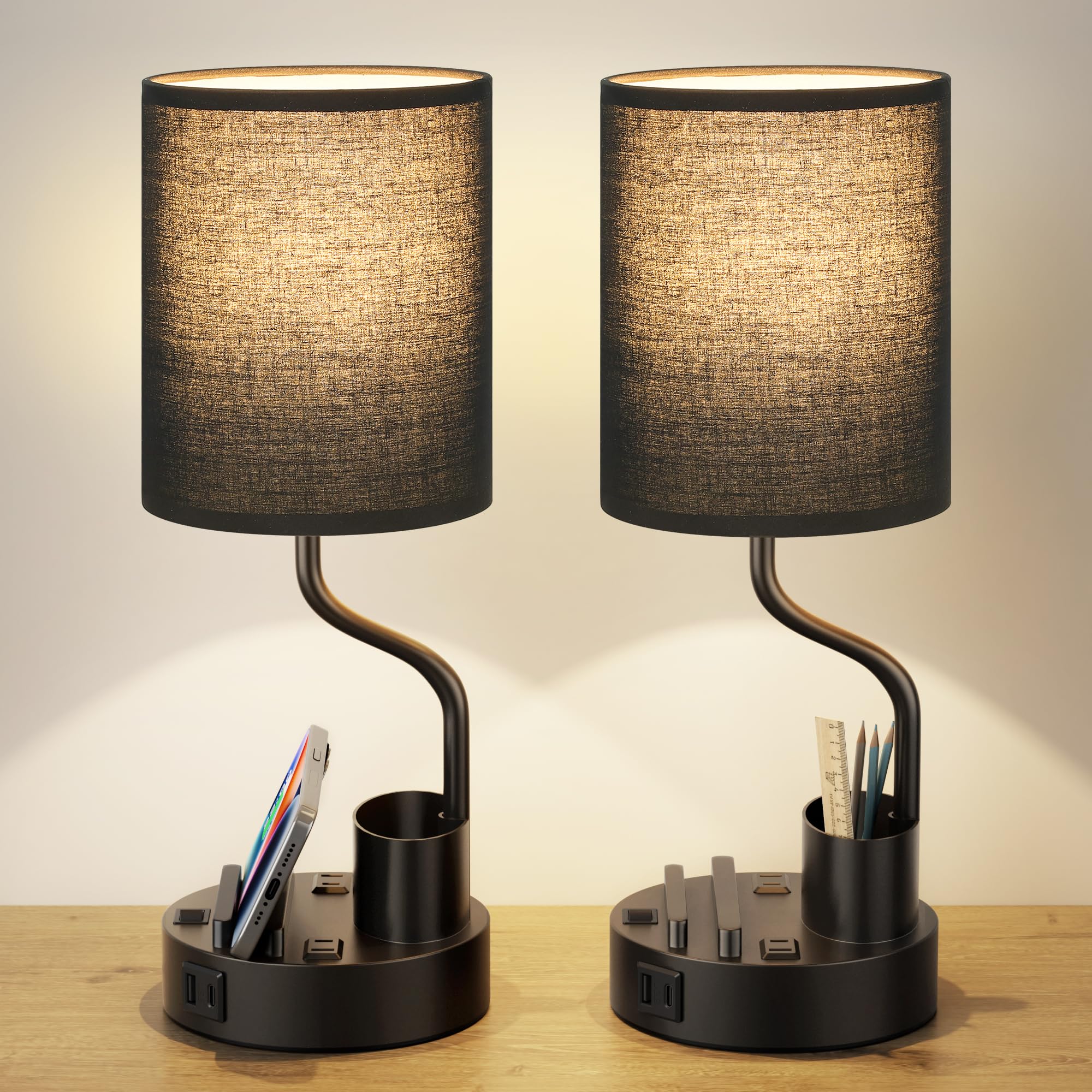 Fenmzee Black Bedside Table Lamps For Bedroom Set Of 2 - Nightstand Light With Ac Outlet And Usb A & C For Charging, 3 Color Temperatures Desk Lamp With Pen Holder & Phone Stand For Living Room/Dorm/Office