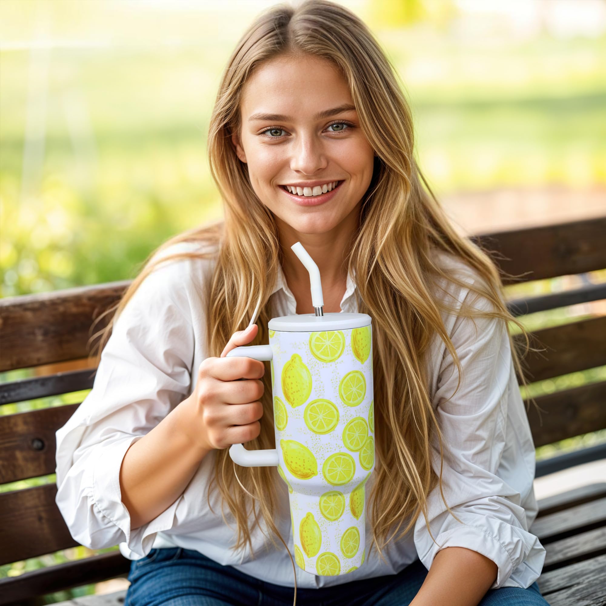 Lemon Tumbler With Straw And Lid Vacuum Insulated 40Oz Stainless Steel Cup For Women Birthday