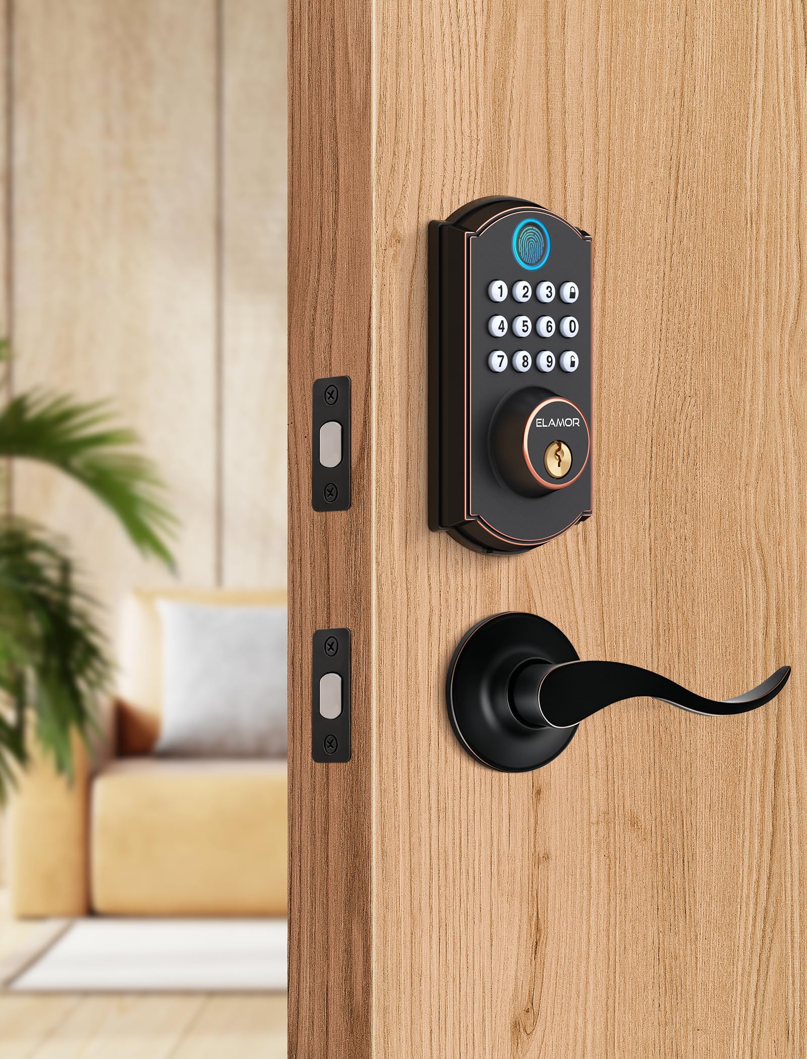 Elamor M19 Fingerprint Door Lock With 2 Lever Handles, Keyless Entry Door Lock, Automatic Locking, Easy To Install, Electronic Keypad Deadbolt With Code, Front Deadbolt Handle Sets, Oil Rubbed Bronze