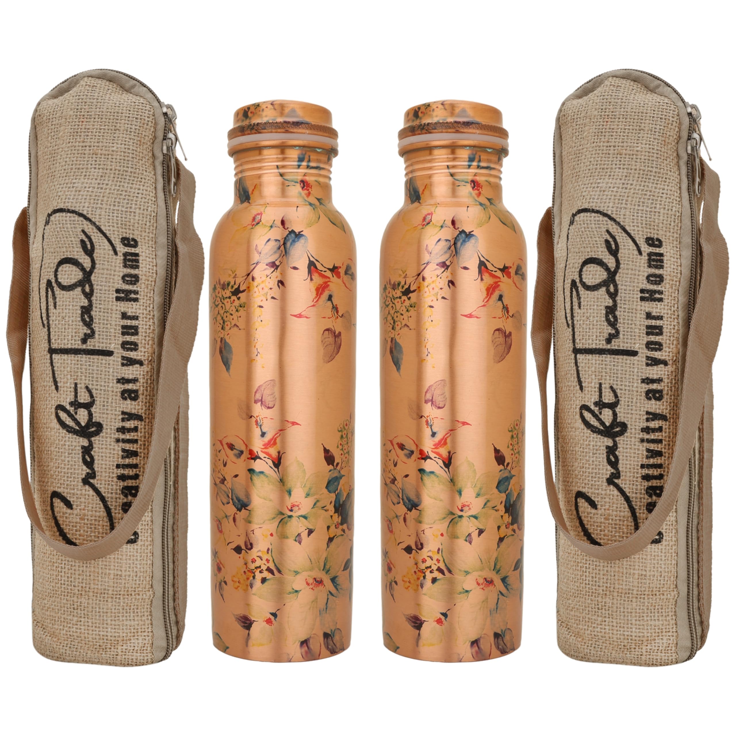 Craft Trade Printed Copper Bottle With Lid And Carry Bag For Drinking Water Leak Proof